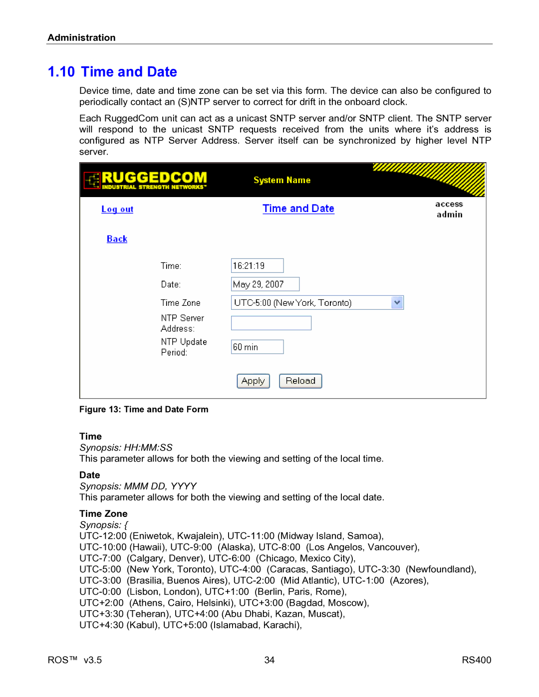 RuggedCom RS400 manual Time and Date, Time Zone 