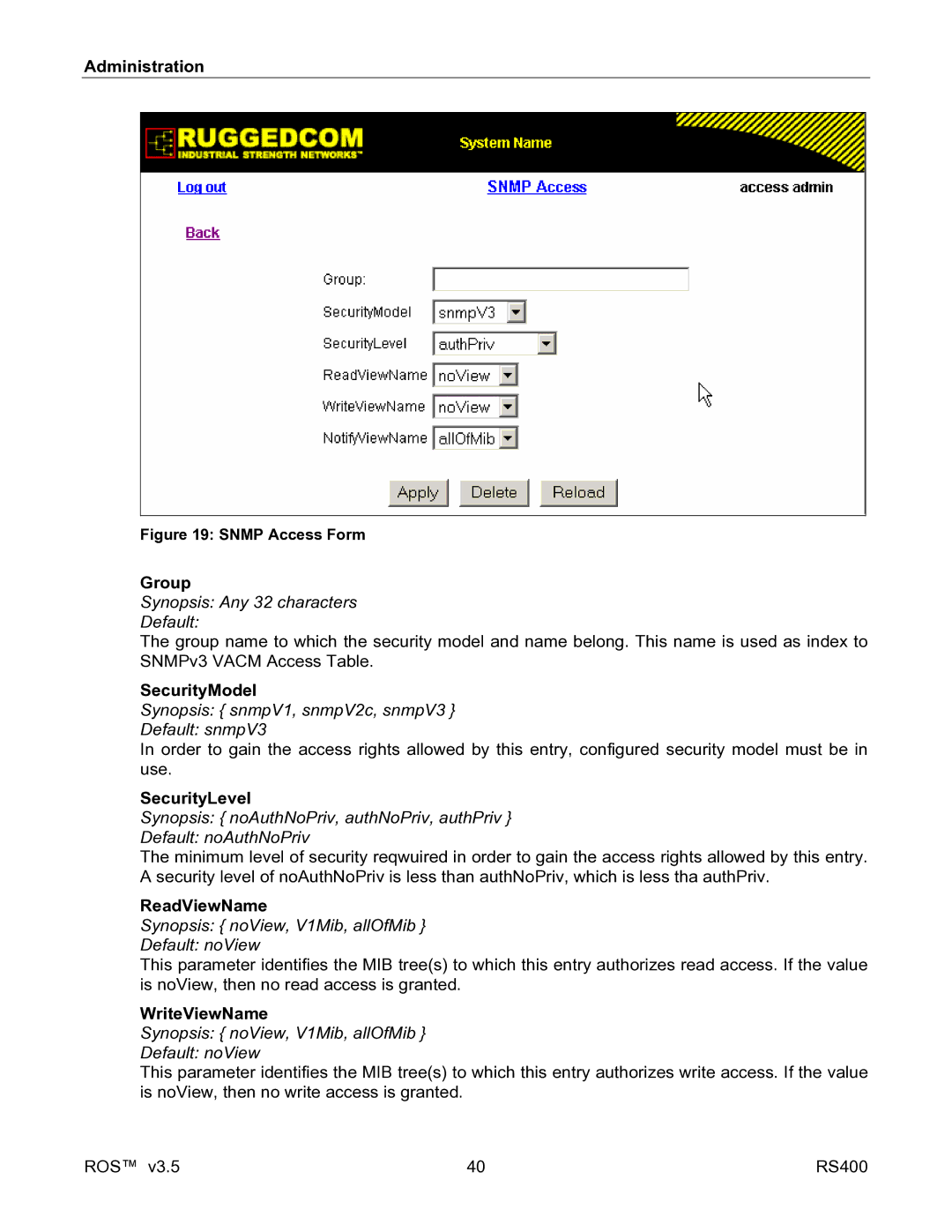 RuggedCom RS400 manual SecurityLevel, ReadViewName, Synopsis noView, V1Mib, allOfMib Default noView, WriteViewName 
