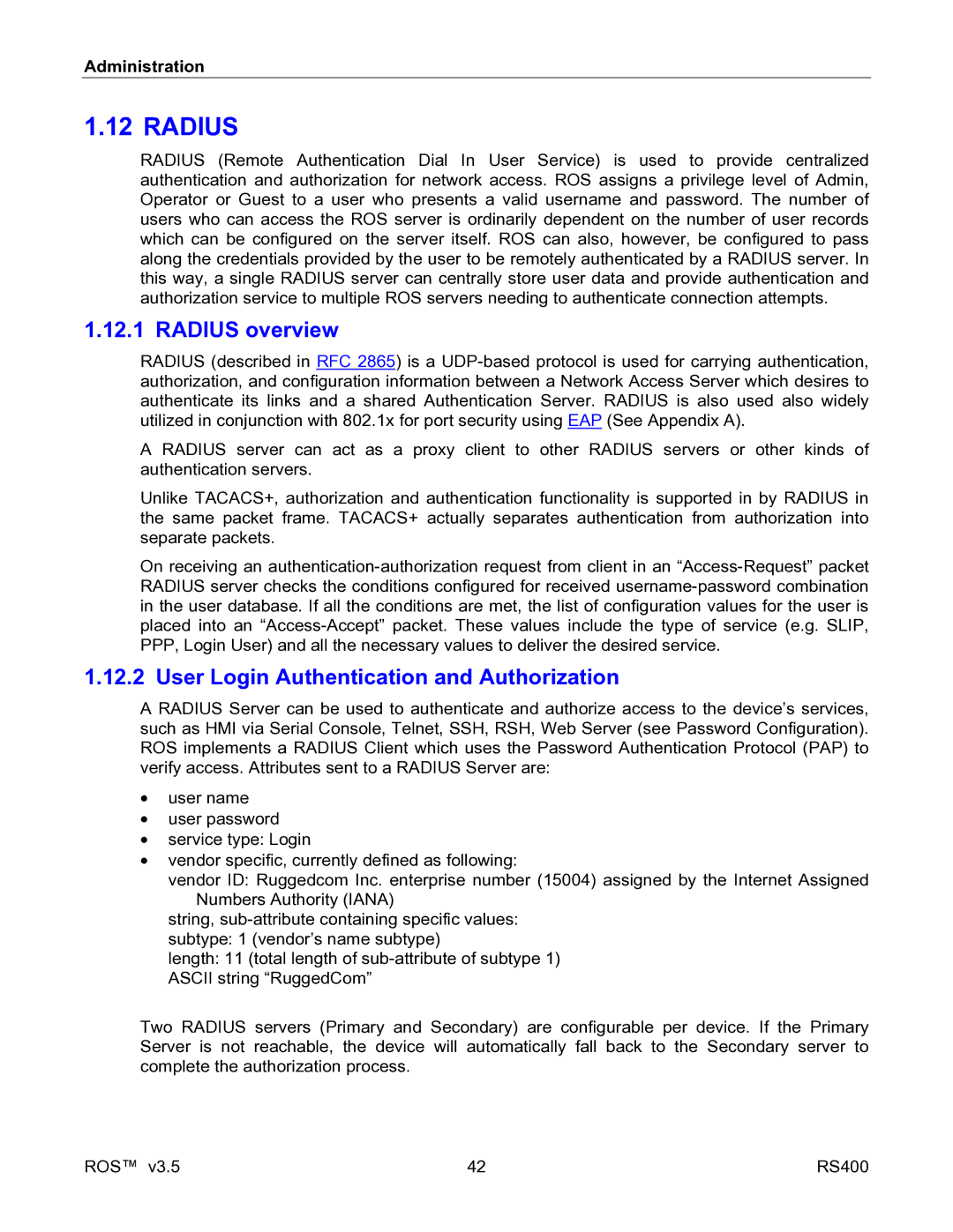 RuggedCom RS400 manual Radius overview, User Login Authentication and Authorization 