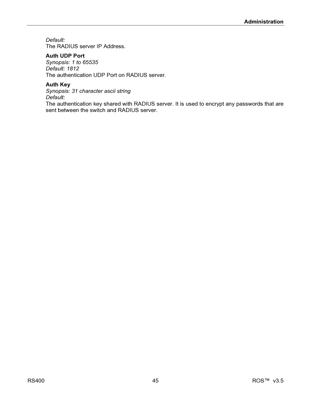 RuggedCom RS400 manual Default, Auth UDP Port 