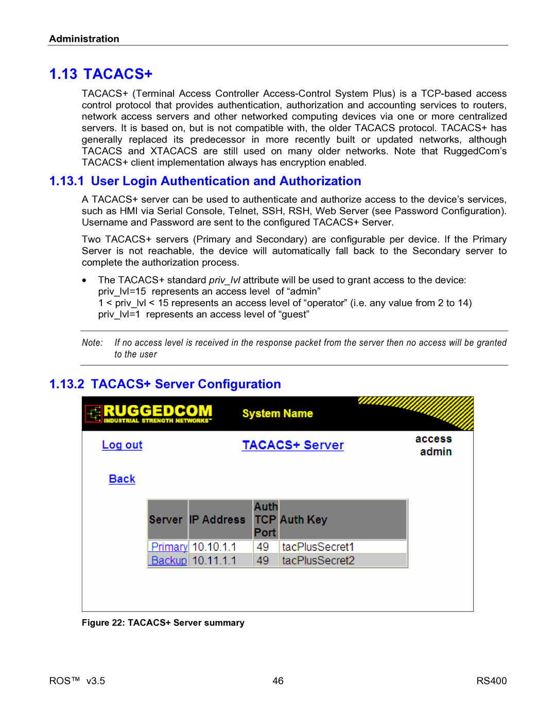 RuggedCom RS400 manual Tacacs+, TACACS+ Server Configuration 