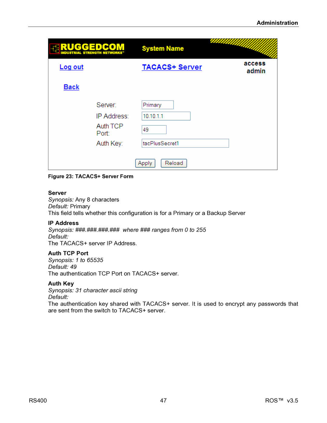 RuggedCom RS400 manual Auth TCP Port, TACACS+ Server Form 