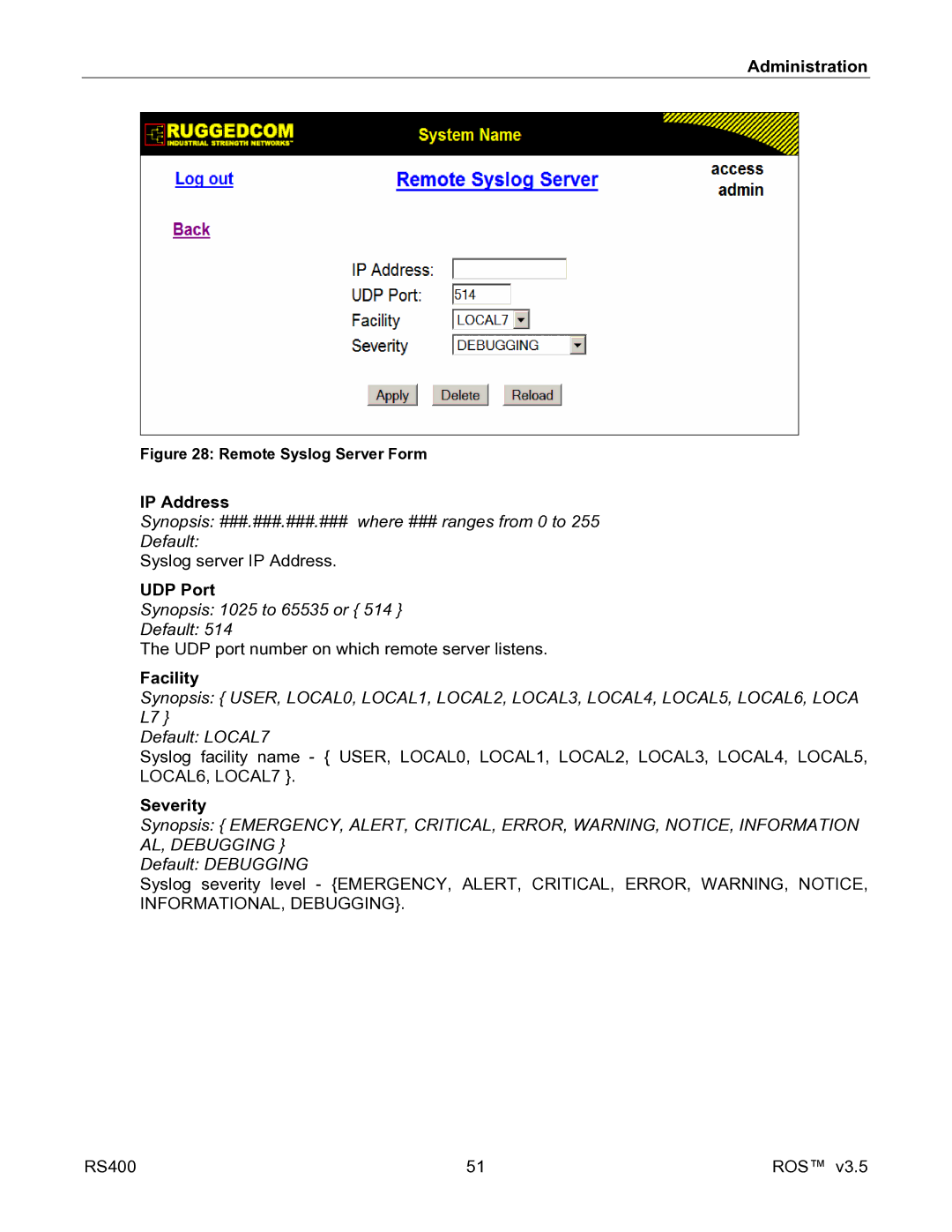 RuggedCom RS400 manual Facility, Severity 