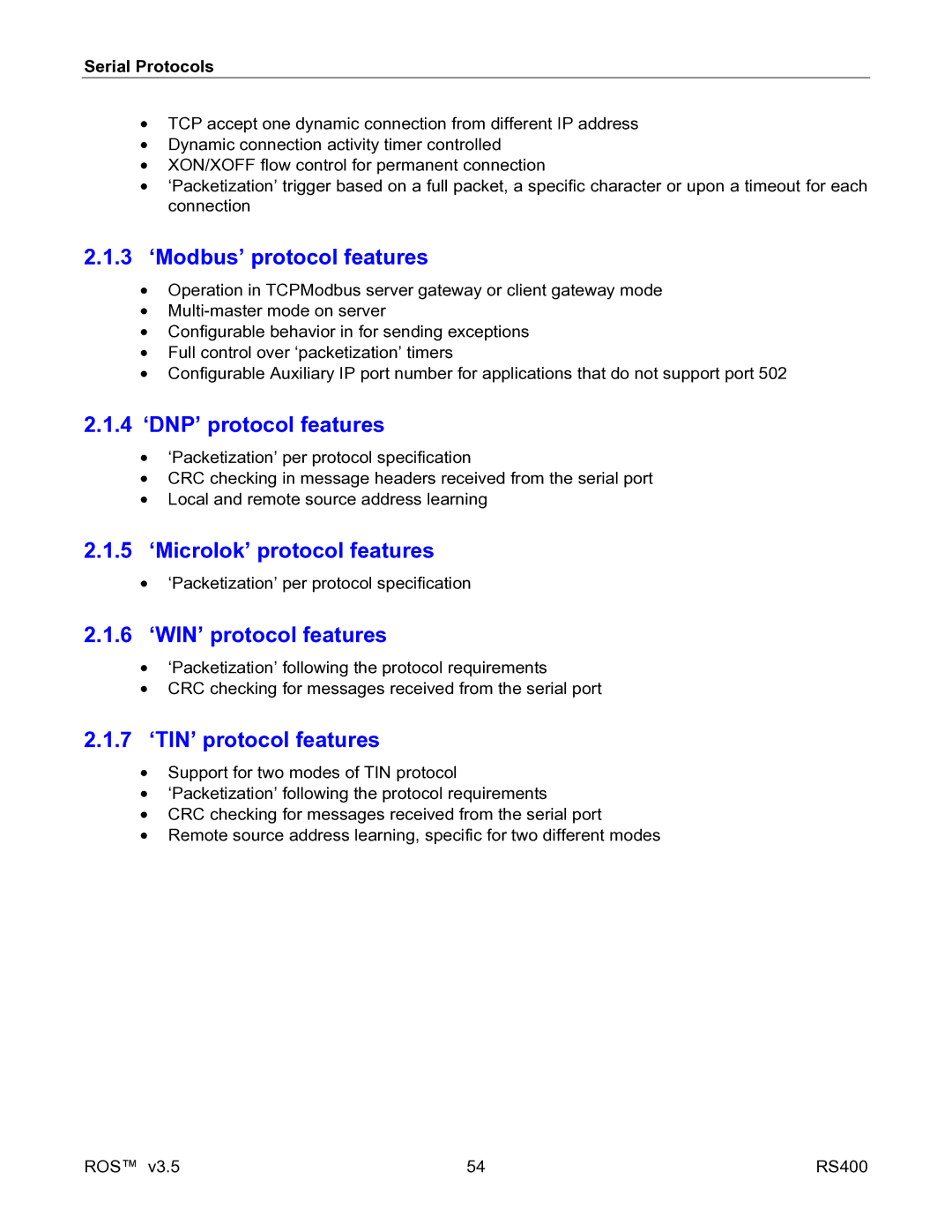 RuggedCom RS400 manual 3 ‘Modbus’ protocol features, 4 ‘DNP’ protocol features, 5 ‘Microlok’ protocol features 