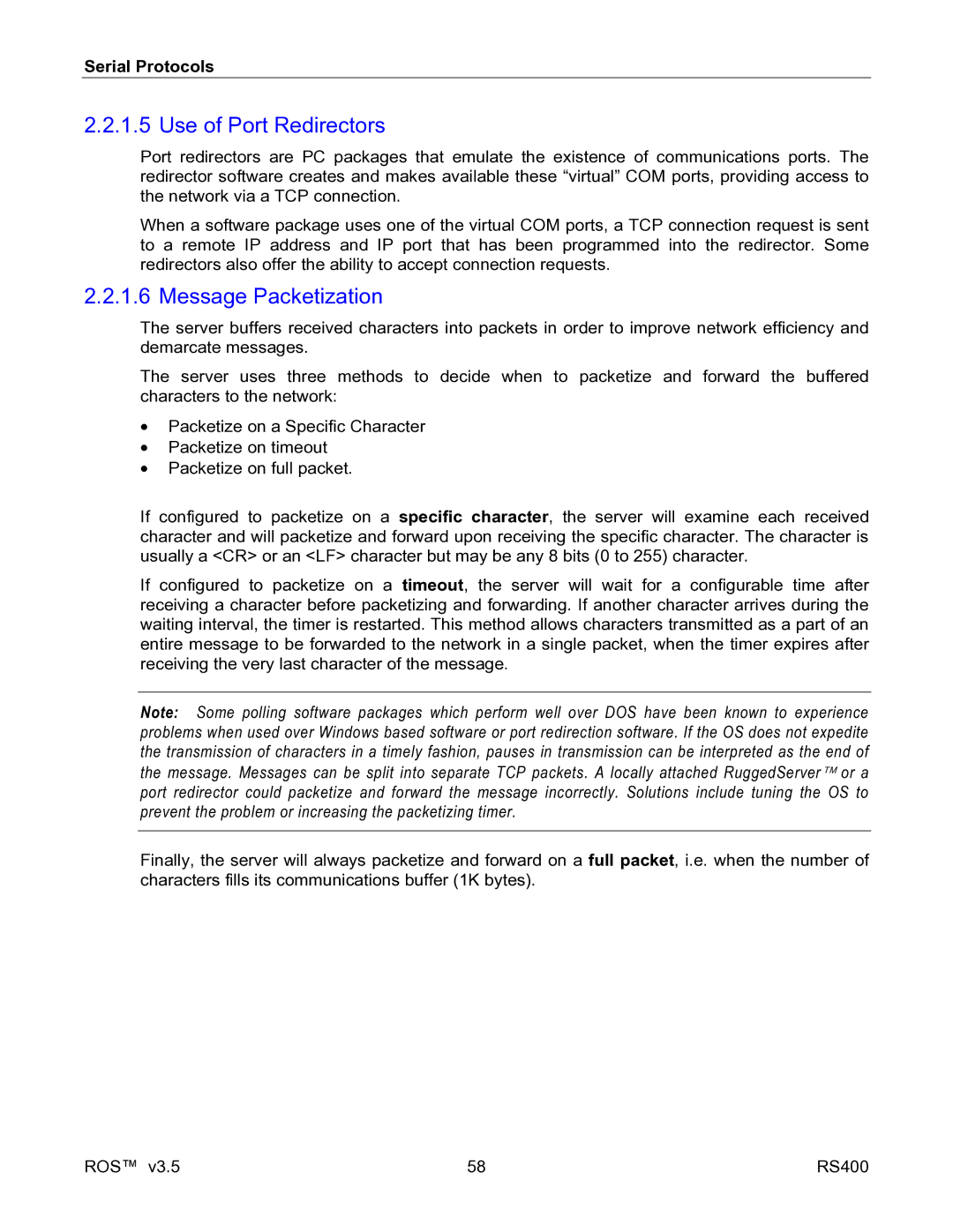 RuggedCom RS400 manual Use of Port Redirectors, Message Packetization 