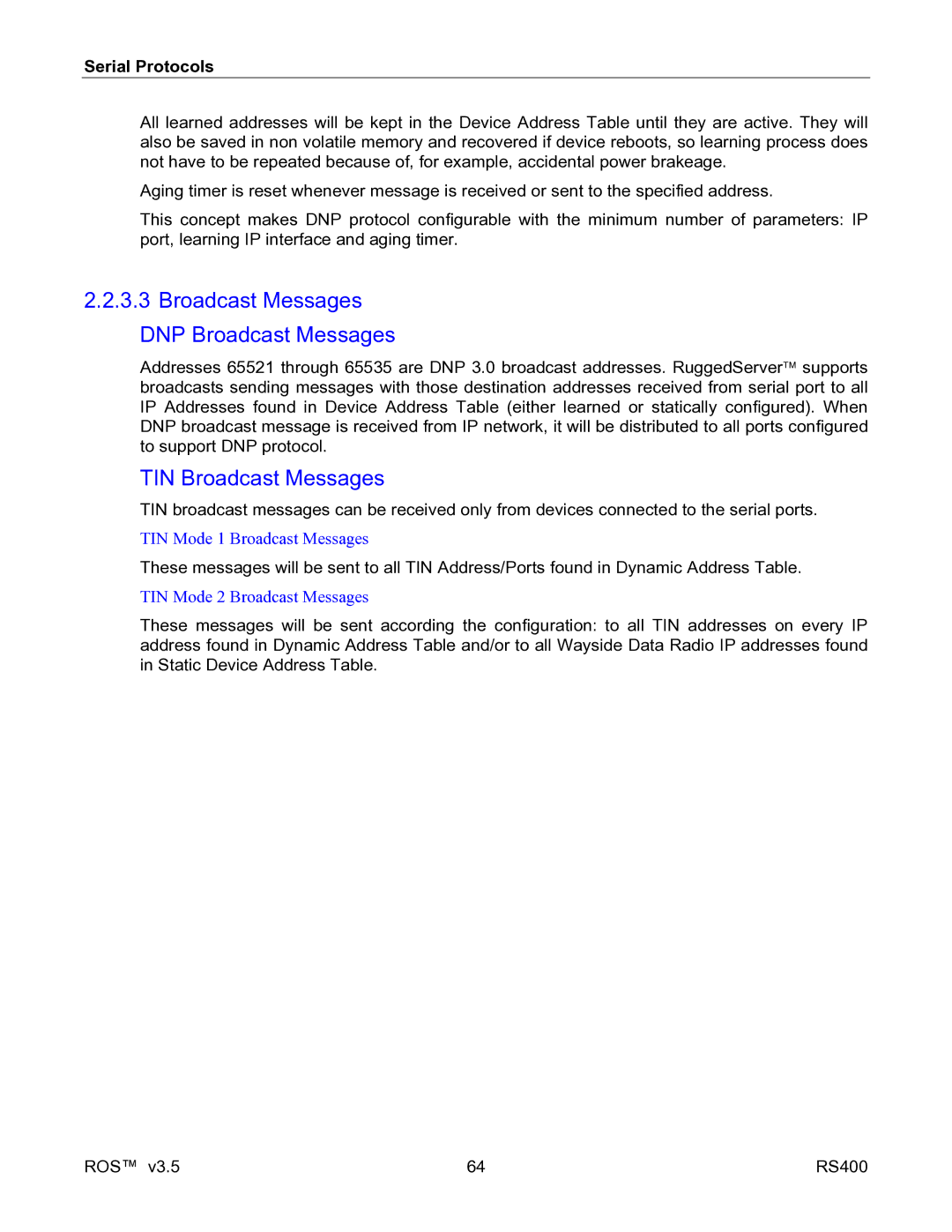 RuggedCom RS400 manual Broadcast Messages DNP Broadcast Messages, TIN Broadcast Messages 