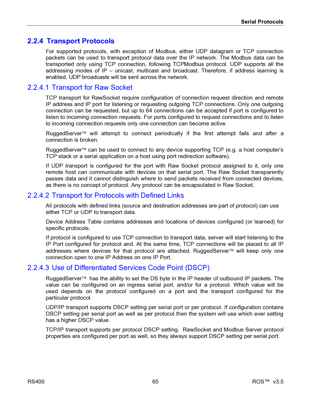 RuggedCom RS400 manual Transport Protocols, Transport for Raw Socket, Transport for Protocols with Defined Links 