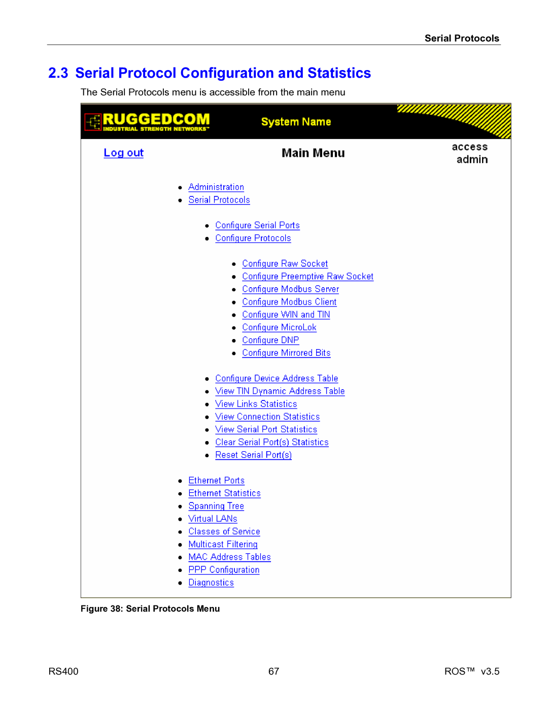 RuggedCom RS400 manual Serial Protocol Configuration and Statistics, Serial Protocols Menu 