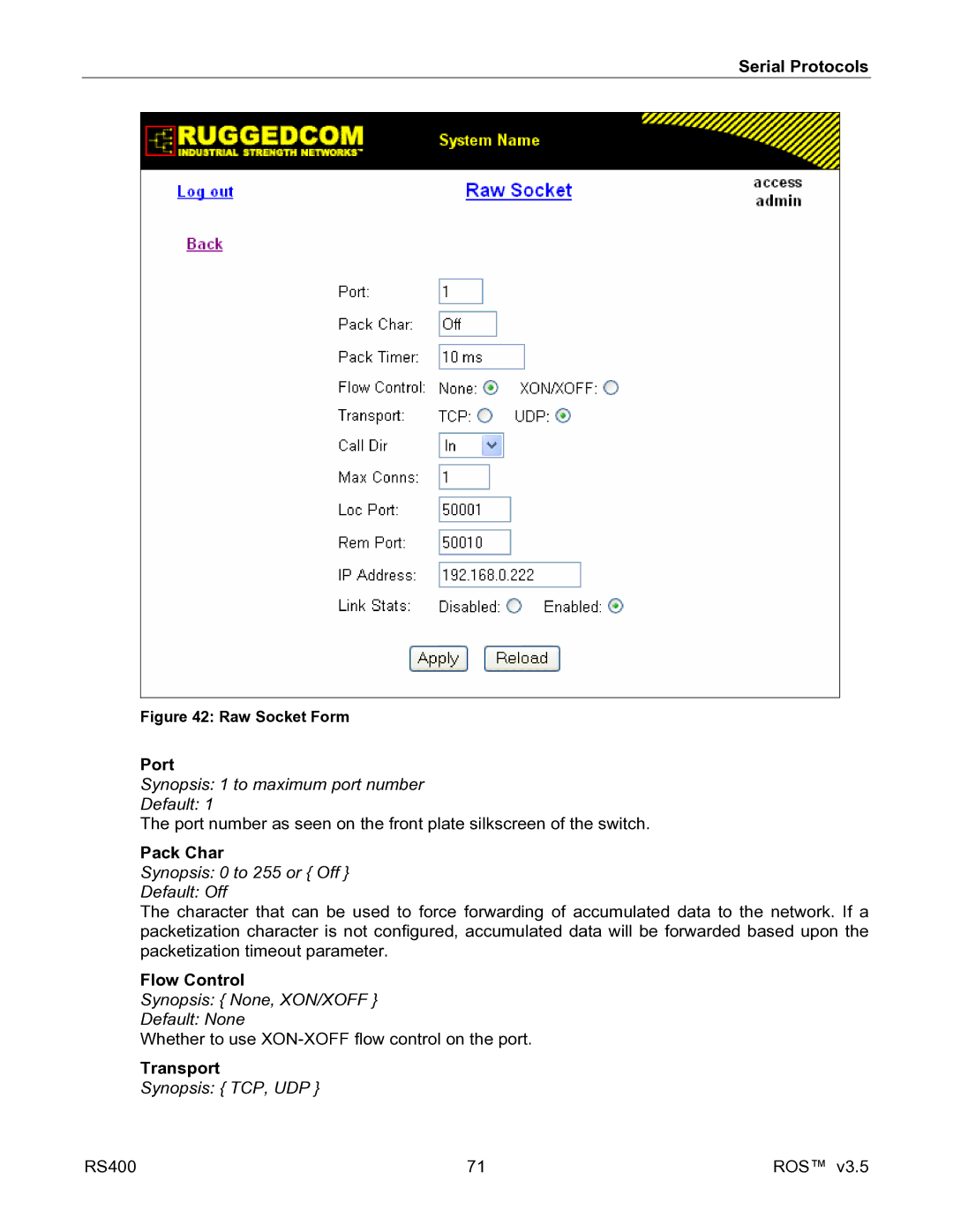 RuggedCom RS400 manual Pack Char, Flow Control, Transport 