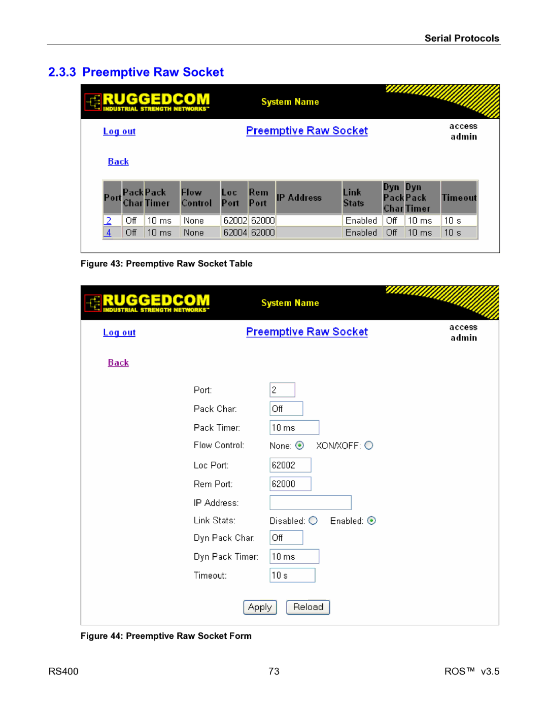 RuggedCom RS400 manual Preemptive Raw Socket Table 