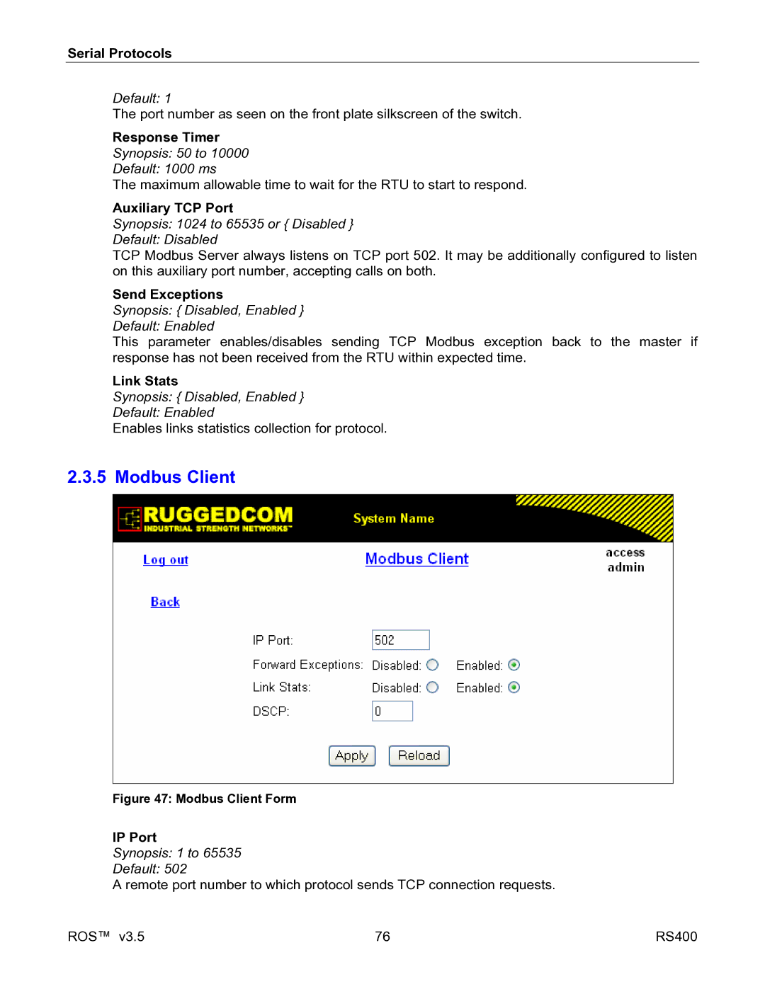 RuggedCom RS400 manual Modbus Client, Response Timer, Auxiliary TCP Port, Send Exceptions, IP Port 