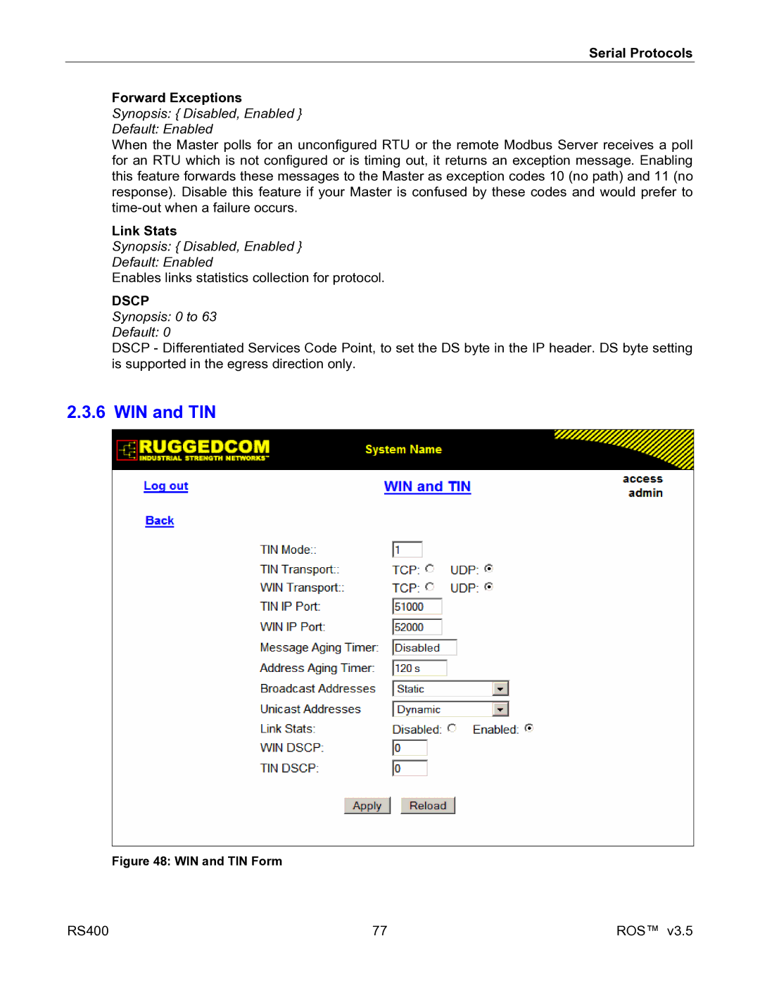 RuggedCom RS400 manual WIN and TIN, Serial Protocols Forward Exceptions 