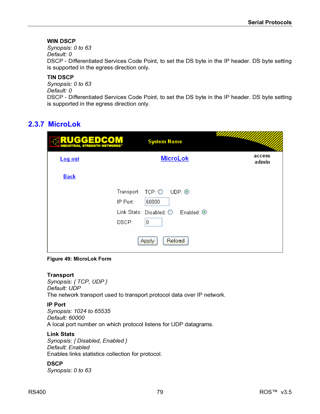 RuggedCom RS400 manual MicroLok, WIN Dscp 