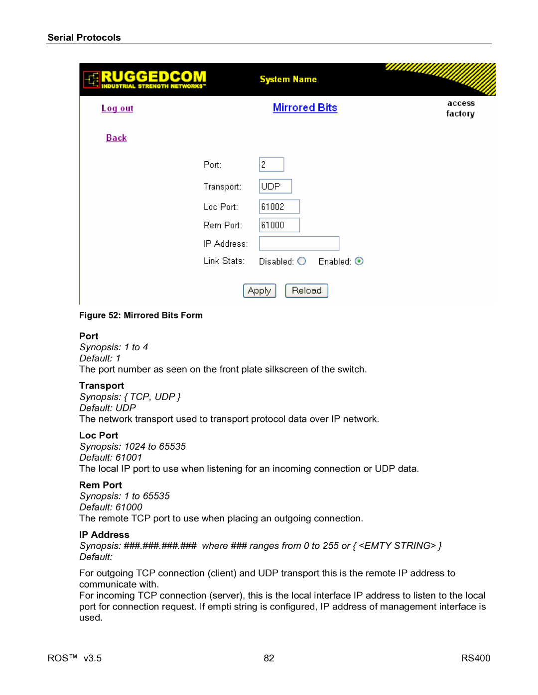 RuggedCom RS400 manual Mirrored Bits Form 