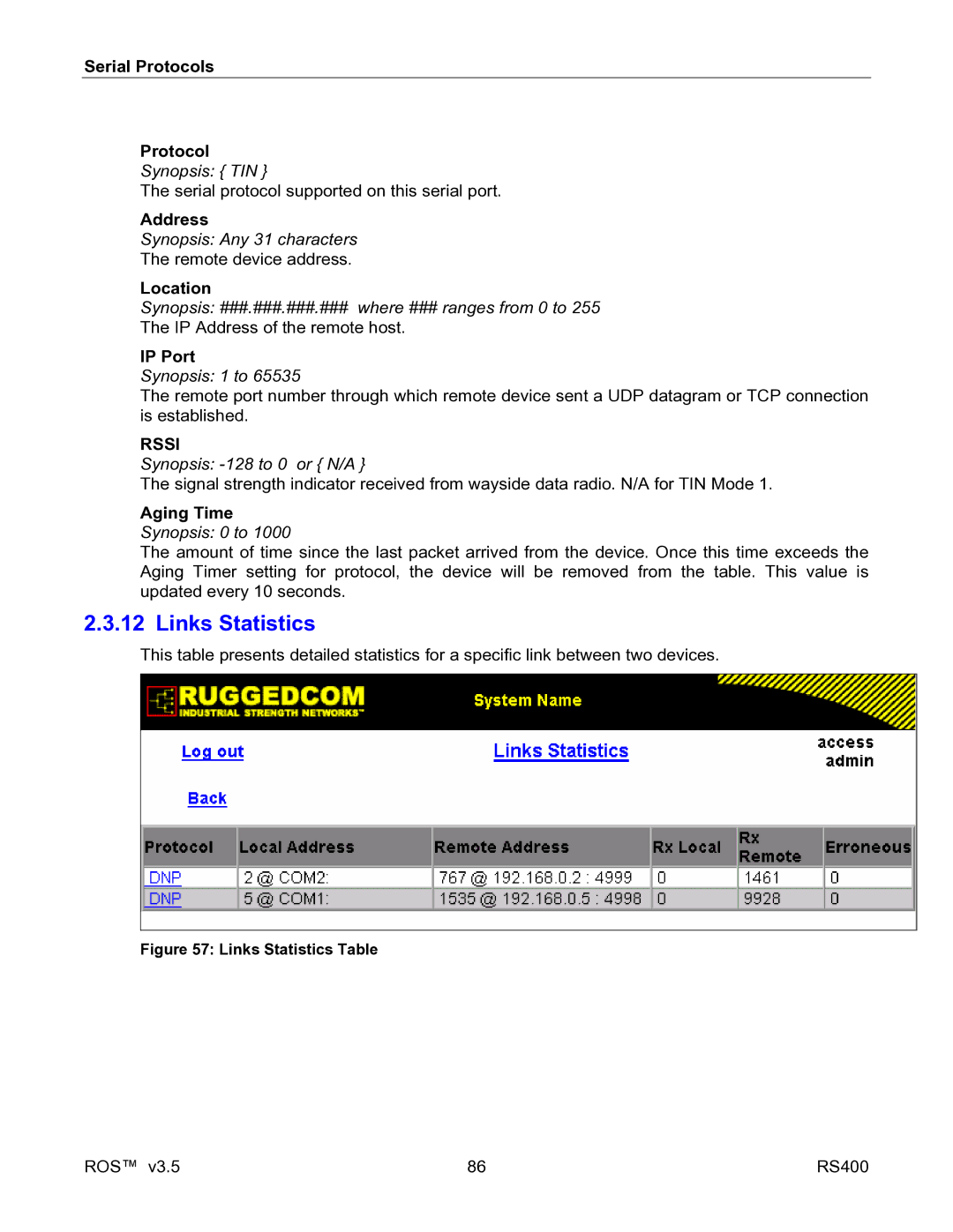 RuggedCom RS400 manual Links Statistics, Aging Time 