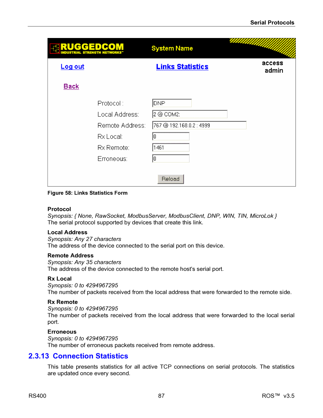 RuggedCom RS400 manual Connection Statistics 