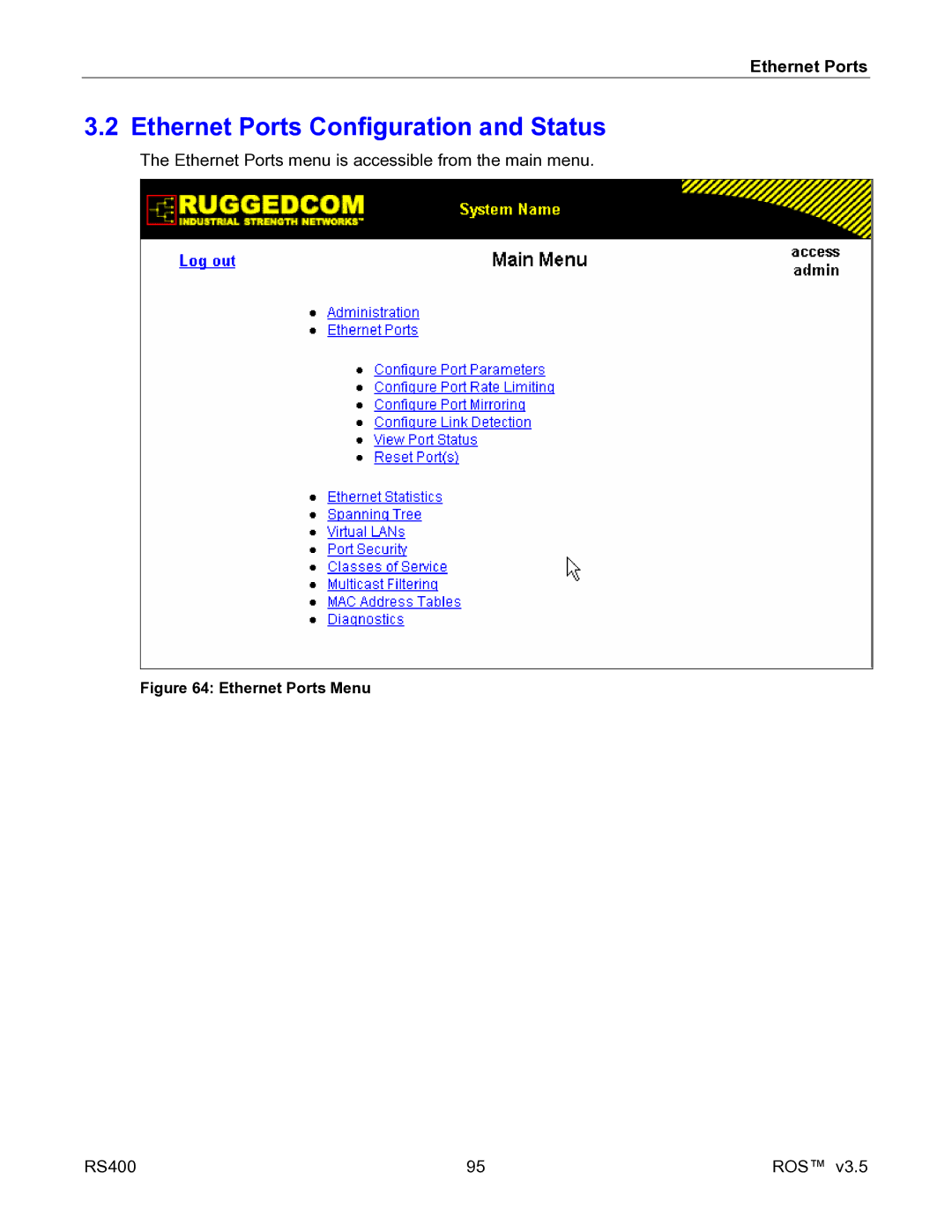 RuggedCom RS400 manual Ethernet Ports Configuration and Status, Ethernet Ports Menu 