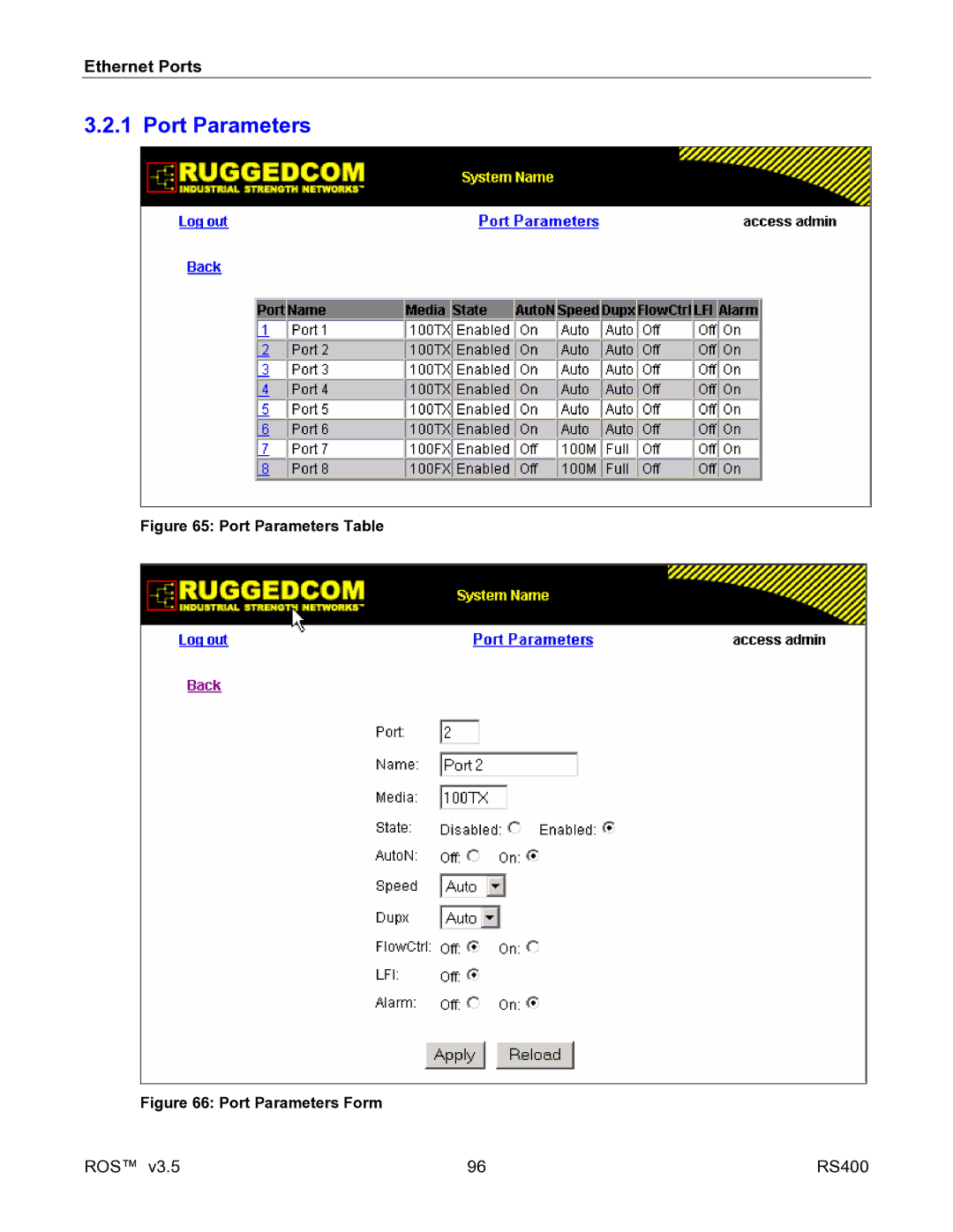 RuggedCom RS400 manual Port Parameters Table 