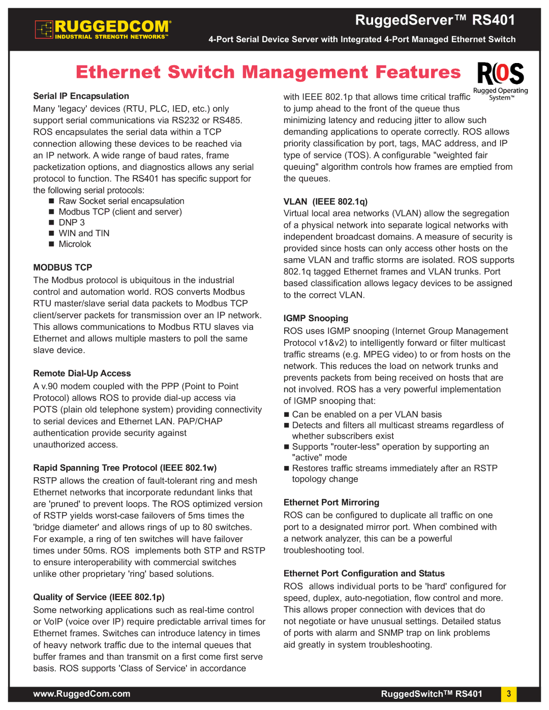 RuggedCom RS401 warranty Ethernet Switch Management Features, Modbus TCP 