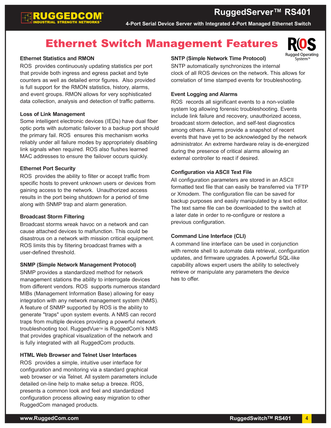 RuggedCom RS401 Ethernet Statistics and Rmon, Loss of Link Management, Ethernet Port Security, Broadcast Storm Filtering 