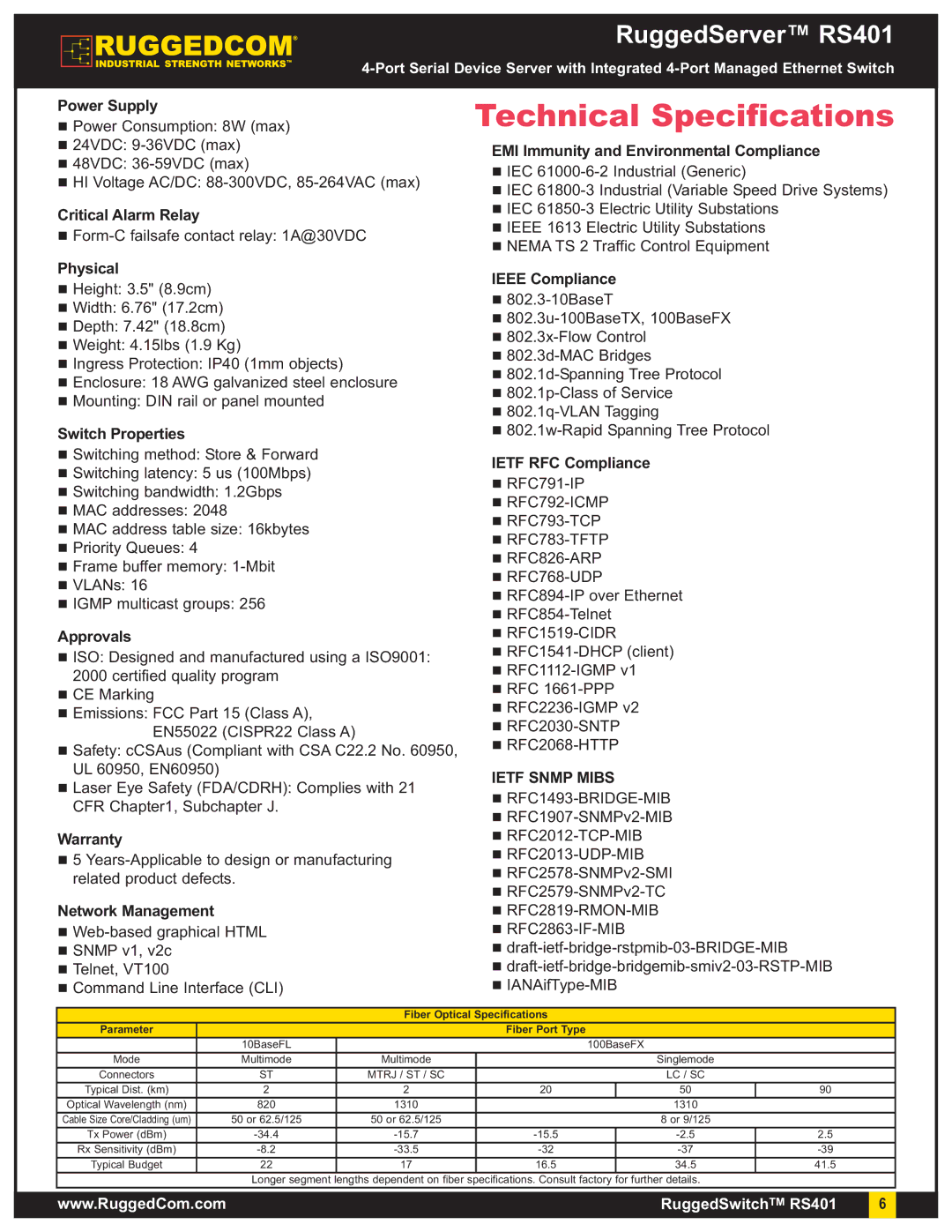 RuggedCom RS401 warranty Technical Specifications, Ietf Snmp Mibs 