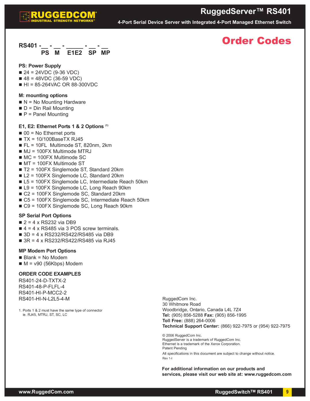 RuggedCom RS401 warranty Order Codes, Order Code Examples 