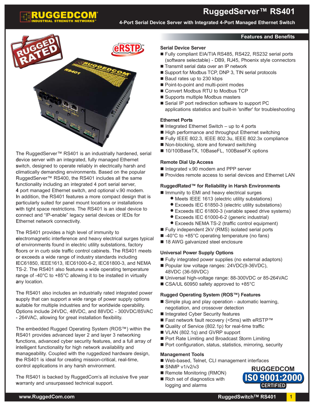 RuggedCom warranty RuggedServer RS401, Features and Benefits, Serial Device Server, Ethernet Ports, Management Tools 