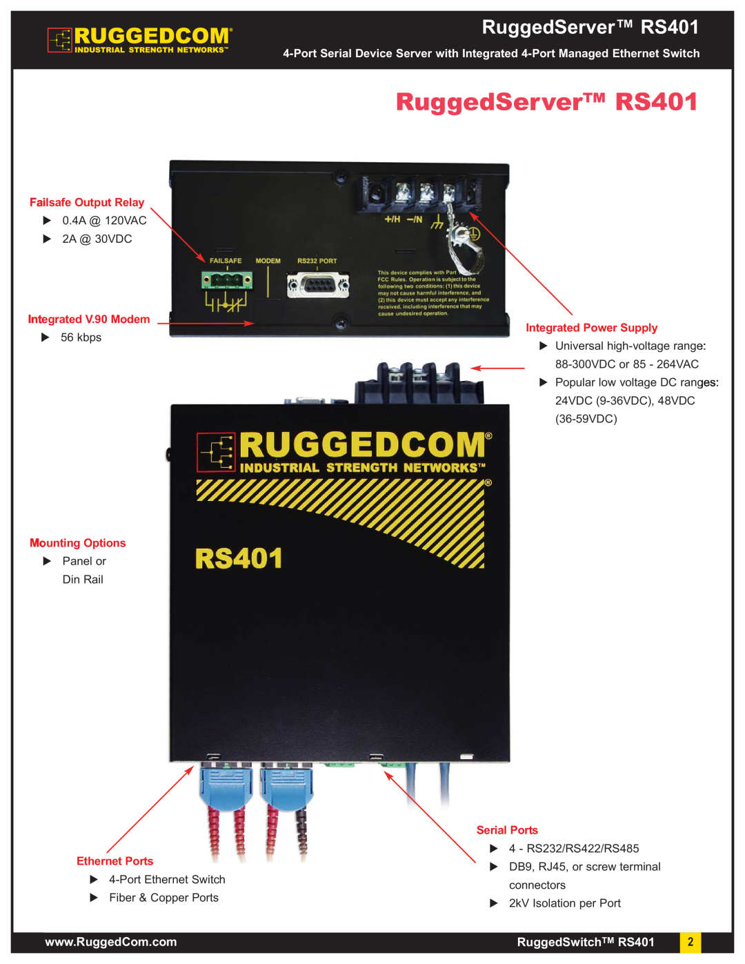 RuggedCom warranty RuggedServer RS401, Failsafe Output Relay, Integrated V.90 Modem, Mounting Options, Ethernet Ports 