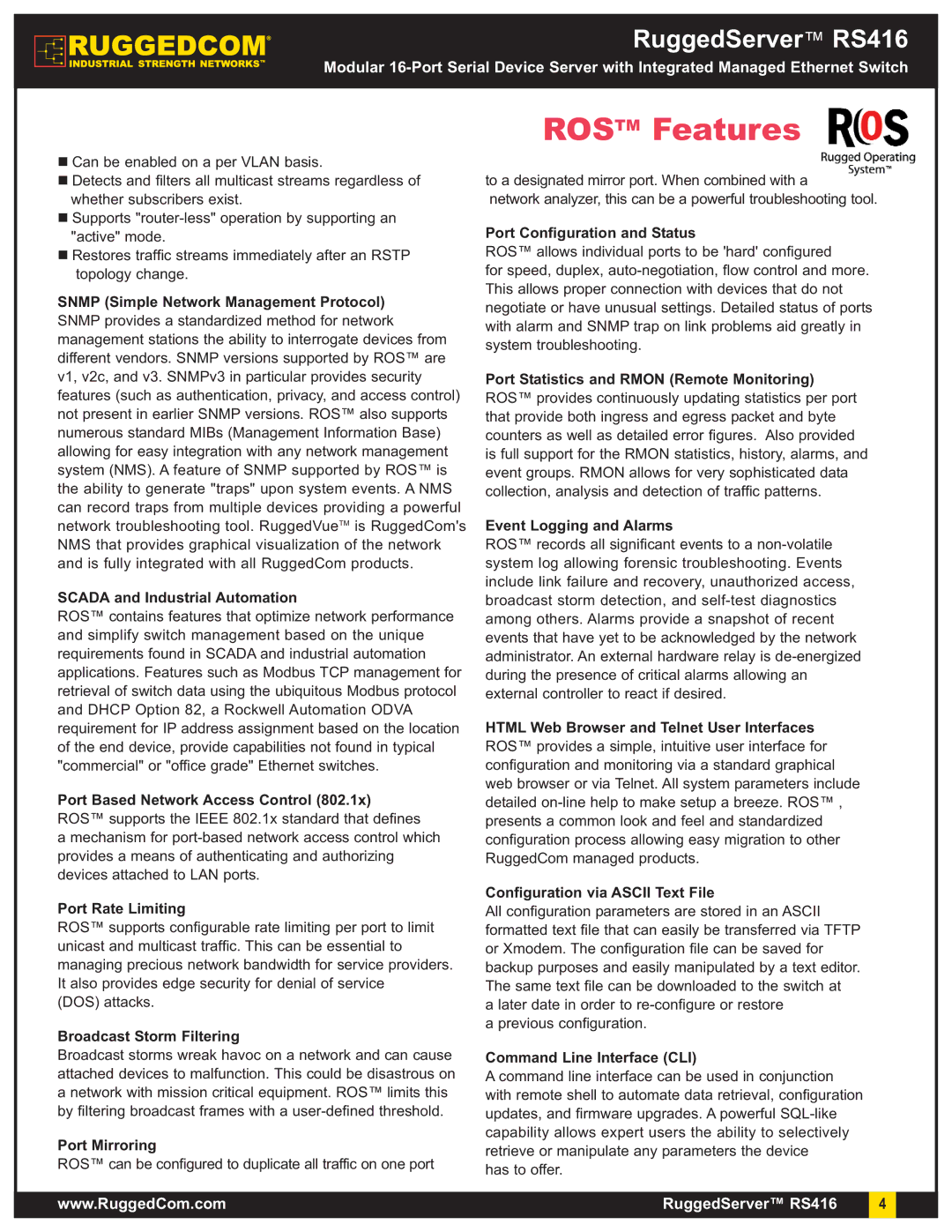 RuggedCom RS416 warranty Snmp Simple Network Management Protocol, Scada and Industrial Automation, Port Rate Limiting 