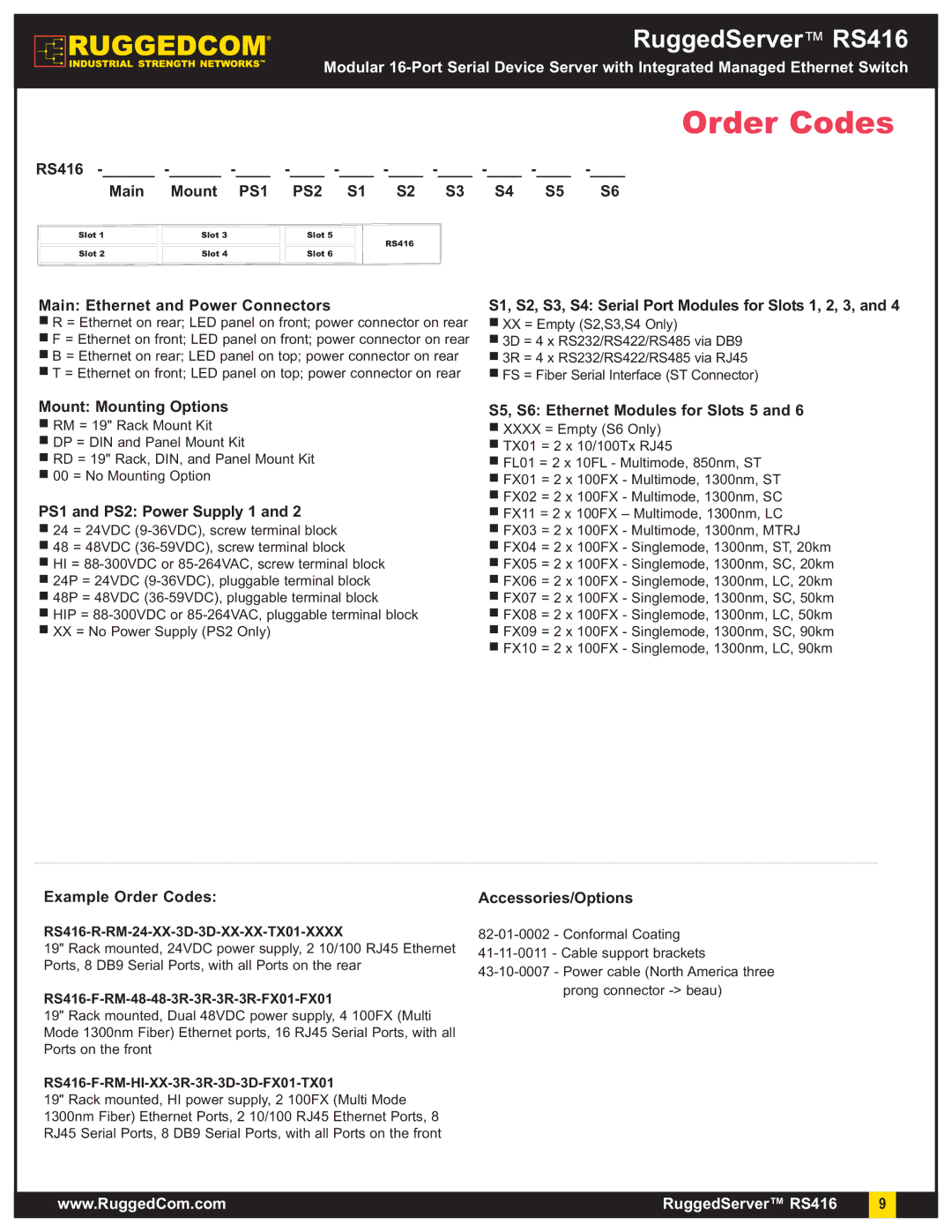 RuggedCom RS416 warranty Order Codes 