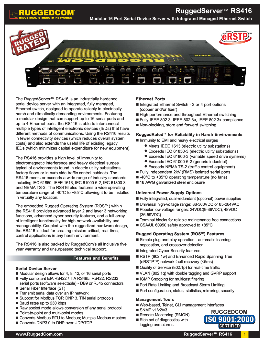 RuggedCom warranty RuggedServer RS416, Features and Benefits, Serial Device Server, Ethernet Ports, Management Tools 