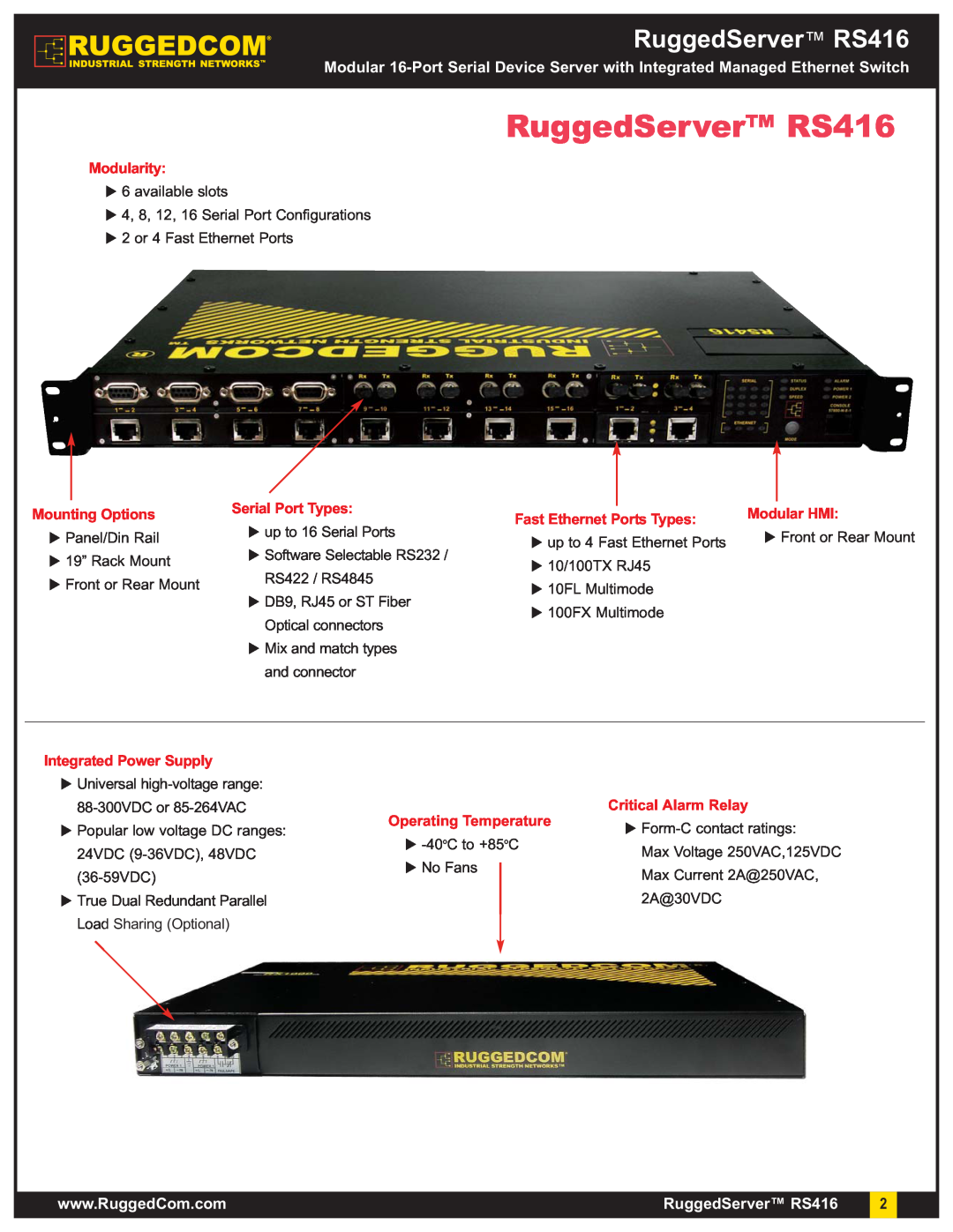 RuggedCom RuggedServer RS416, Modularity, Mounting Options, Serial Port Types, Fast Ethernet Ports Types, Modular HMI 