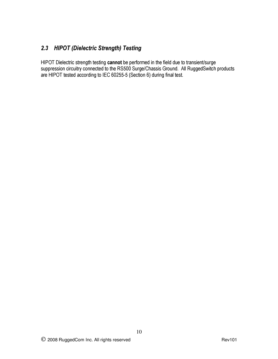 RuggedCom RS500 manual Hipot Dielectric Strength Testing 