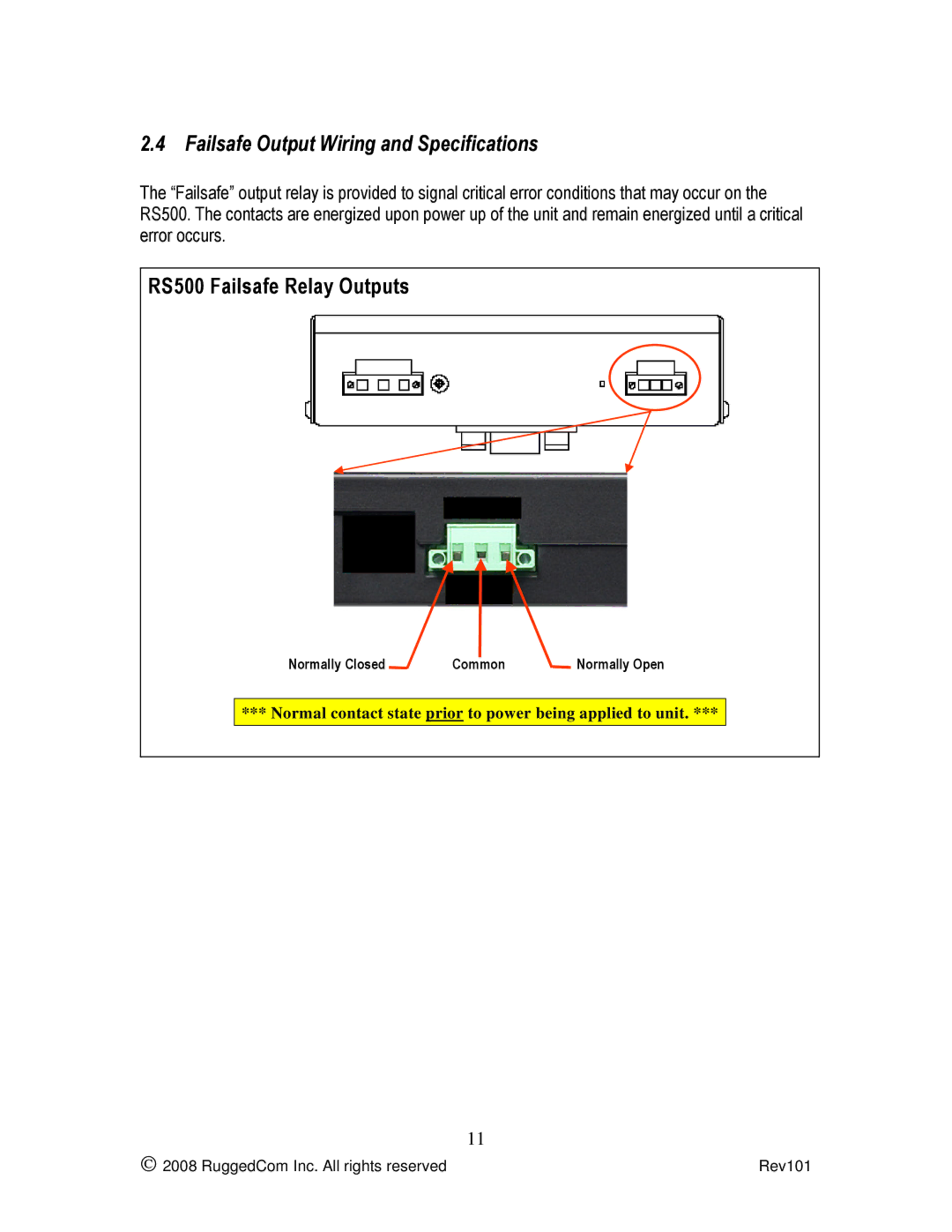 RuggedCom manual Failsafe Output Wiring and Specifications, RS500 Failsafe Relay Outputs 