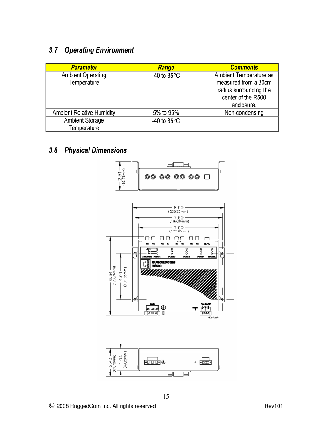 RuggedCom RS500 manual Operating Environment, Physical Dimensions 