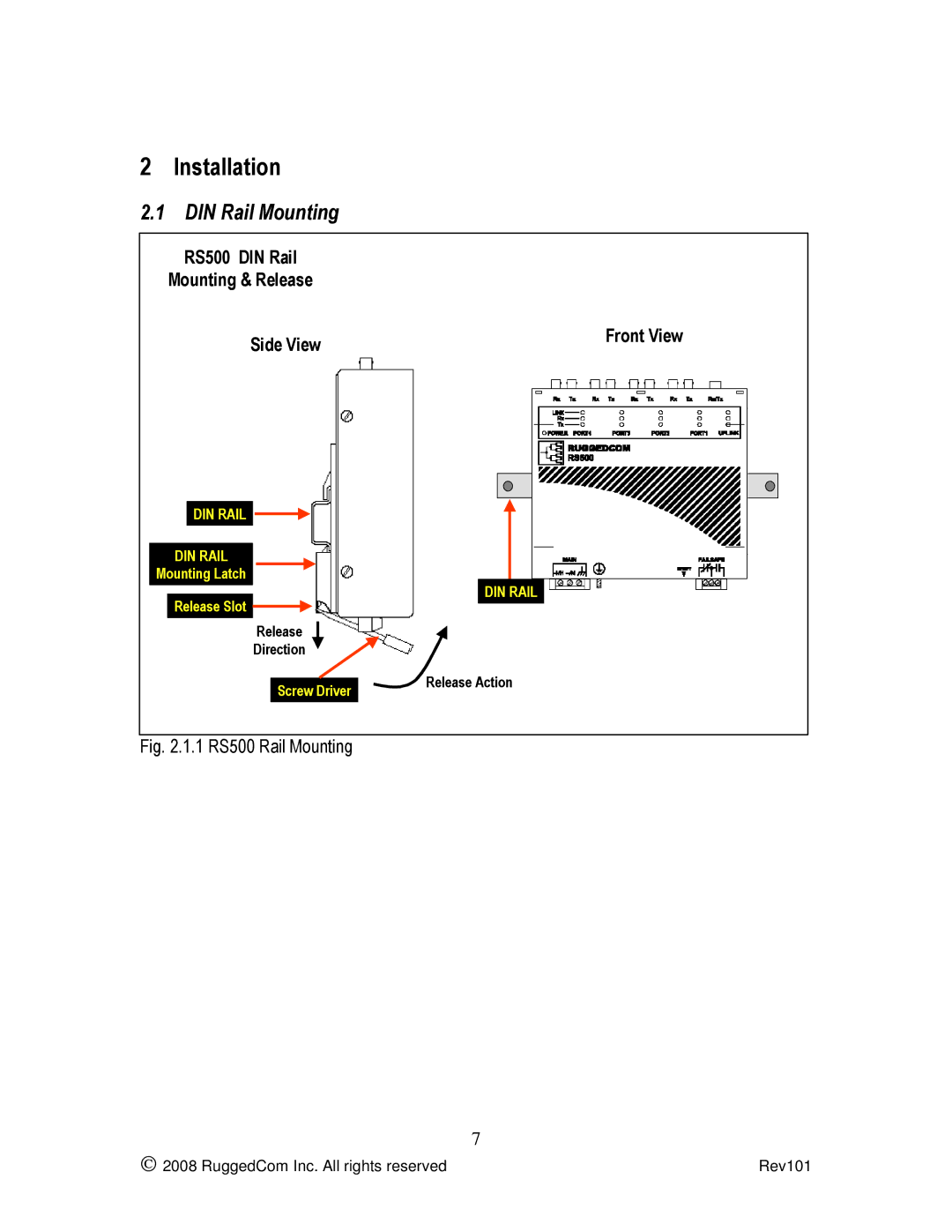 RuggedCom manual Installation, RS500 DIN Rail Mounting & Release Side View 