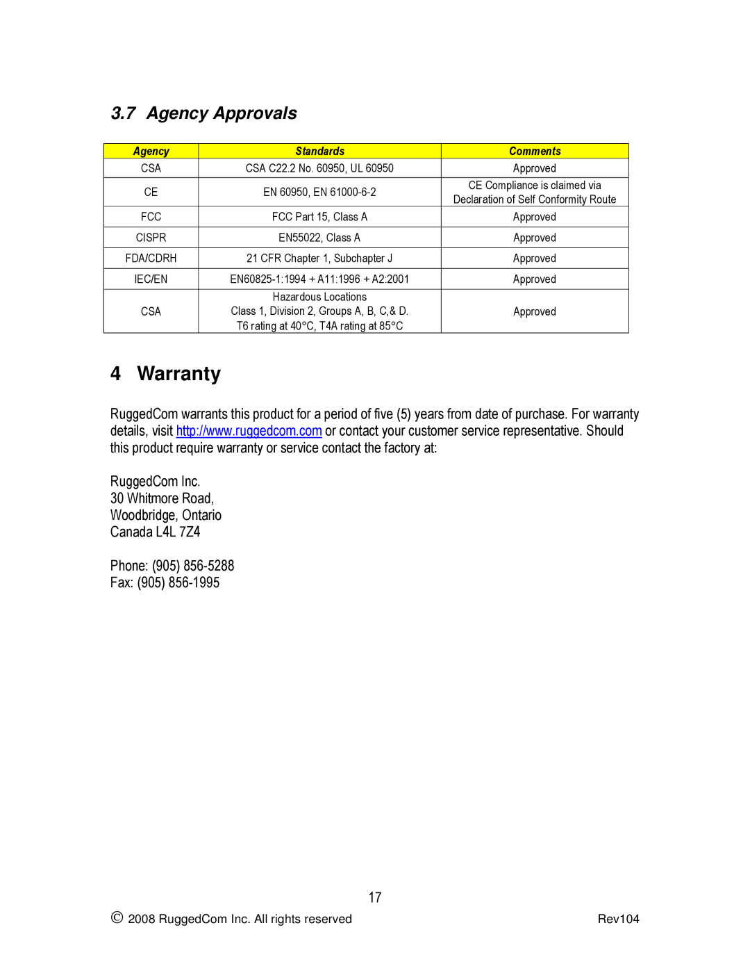 RuggedCom RS900G manual Warranty, Agency Approvals 