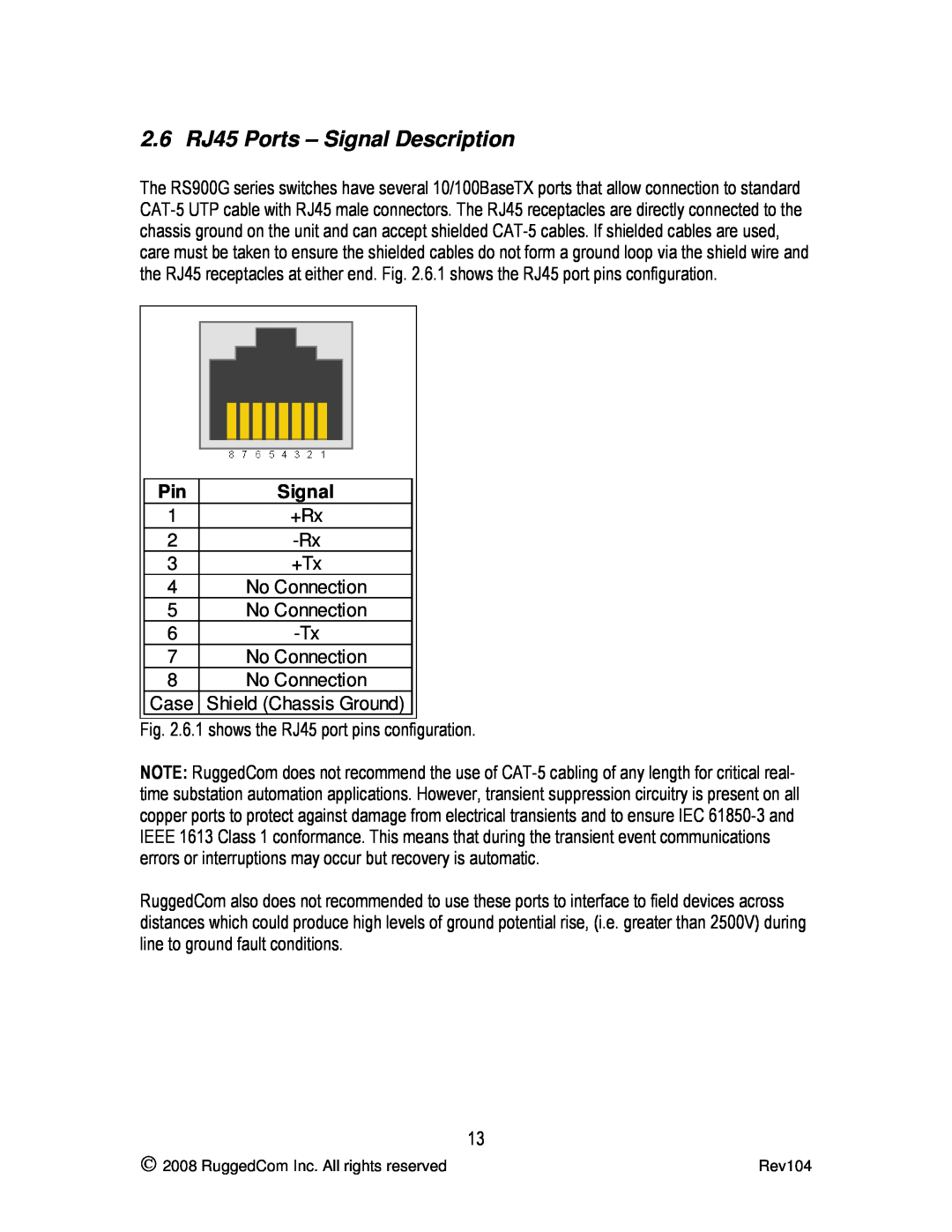 RuggedCom RS900G manual 2.6 RJ45 Ports - Signal Description 