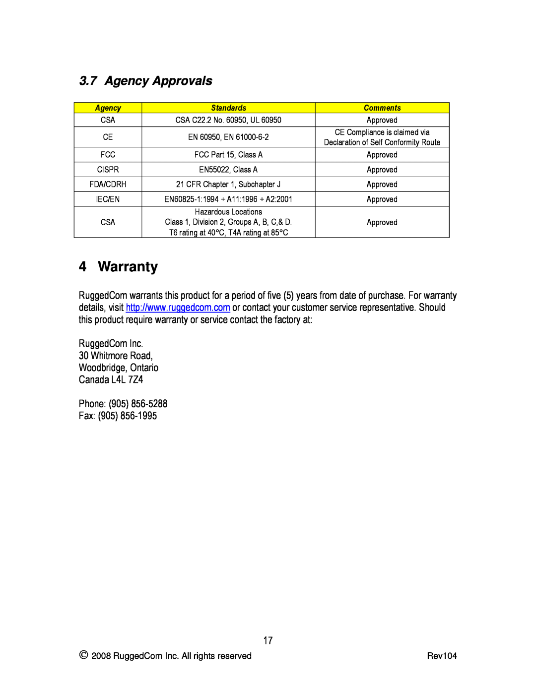 RuggedCom RS900G manual Warranty, Agency Approvals 