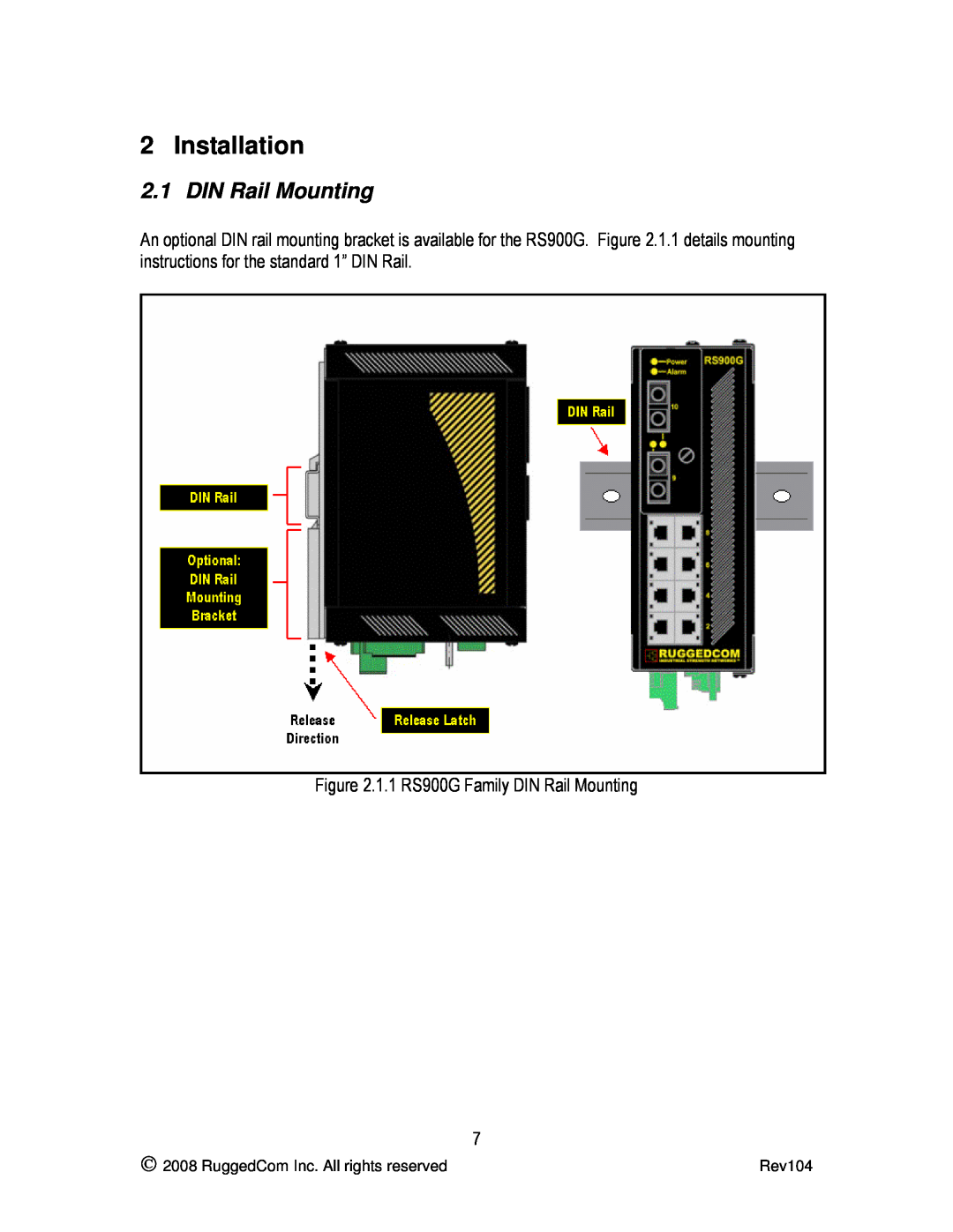 RuggedCom RS900G manual Installation, DIN Rail Mounting 
