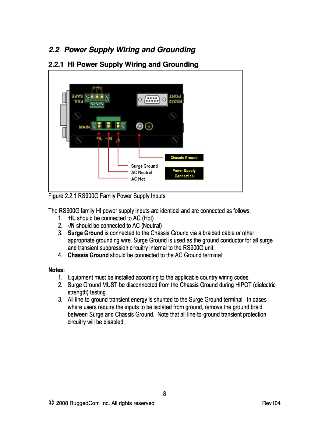 RuggedCom RS900G manual HI Power Supply Wiring and Grounding 
