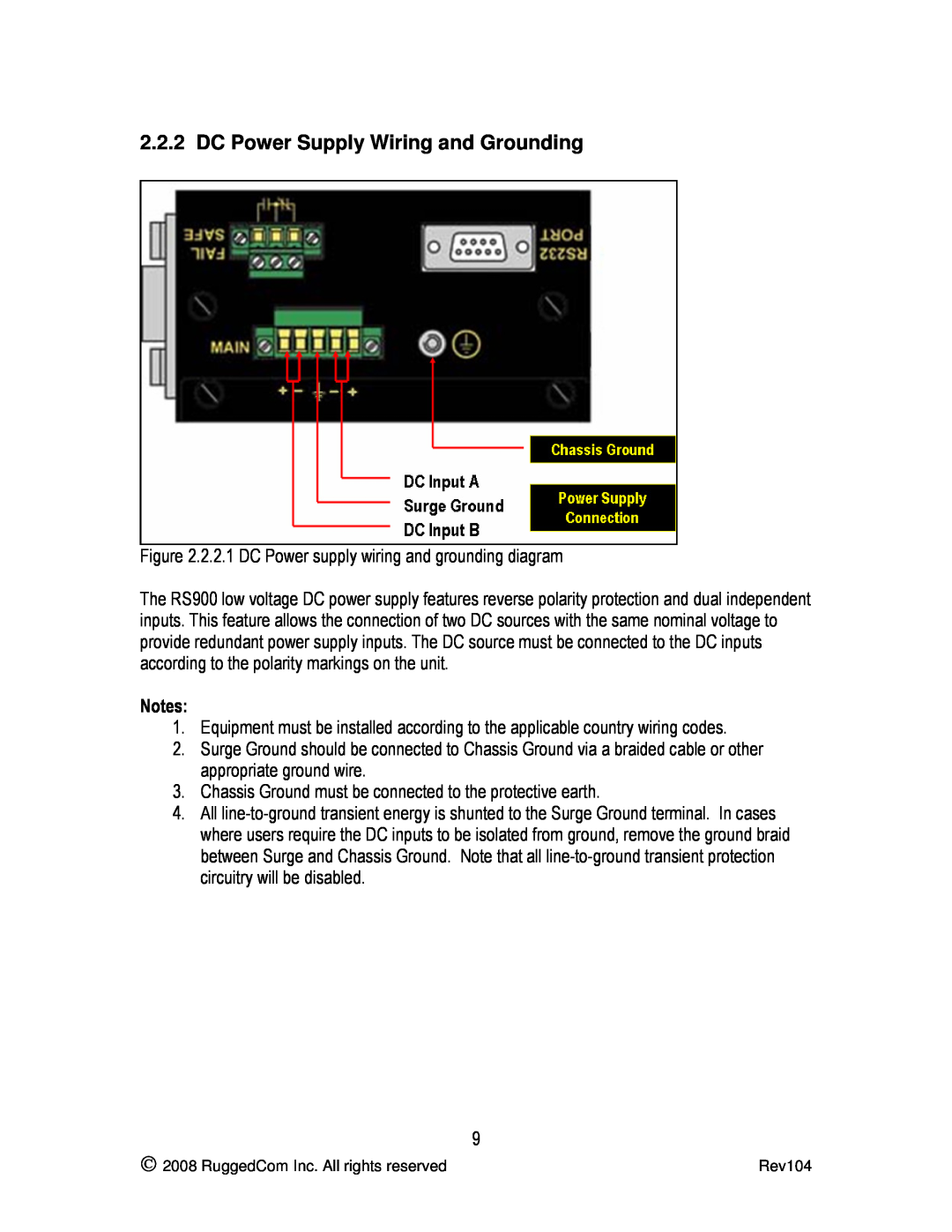 RuggedCom RS900G manual DC Power Supply Wiring and Grounding 