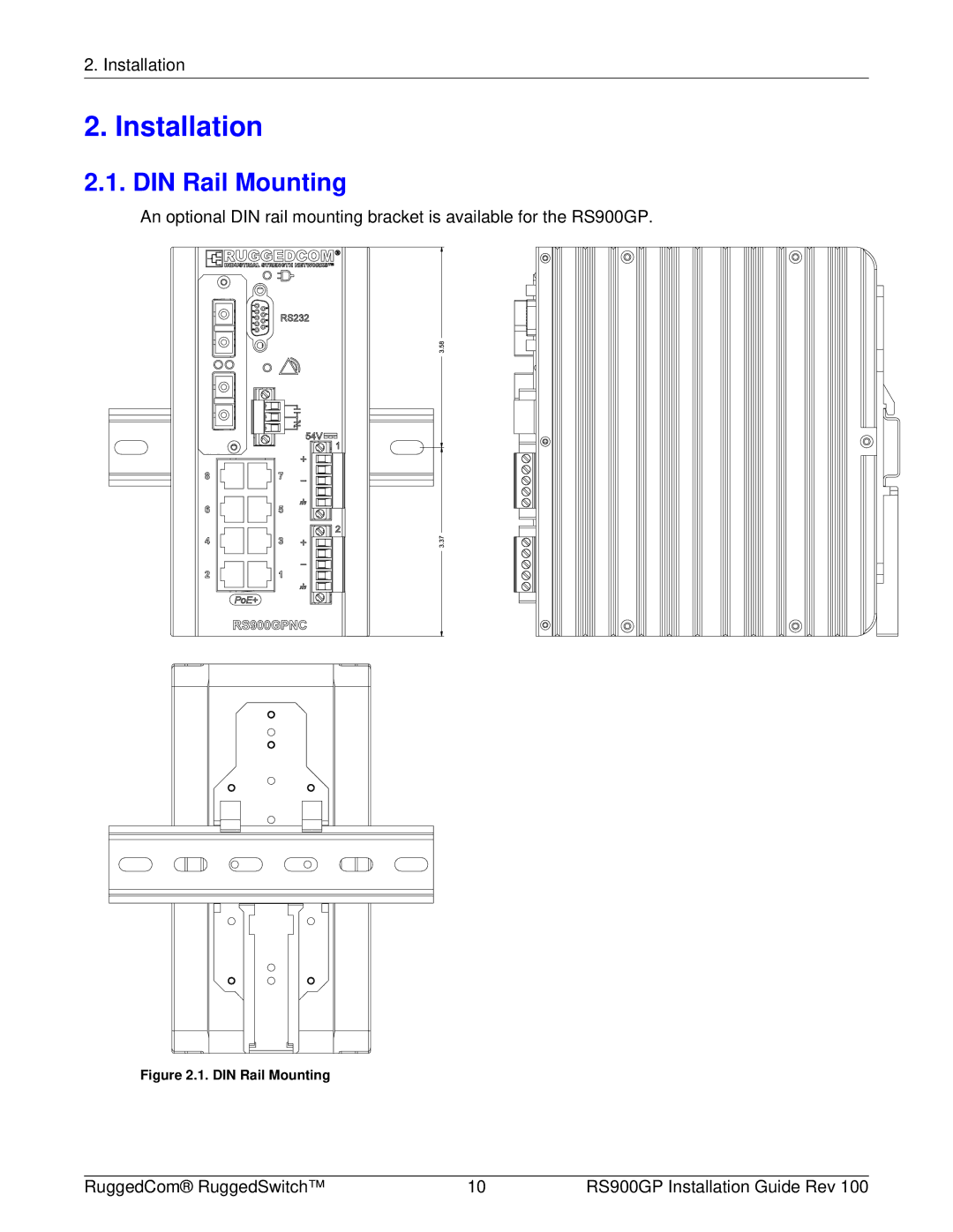 RuggedCom RS900GP manual Installation, DIN Rail Mounting 