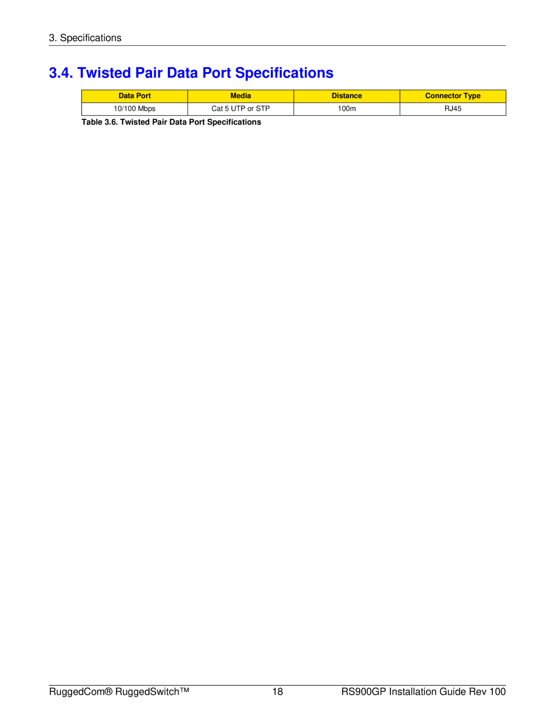 RuggedCom RS900GP manual Twisted Pair Data Port Specifications 