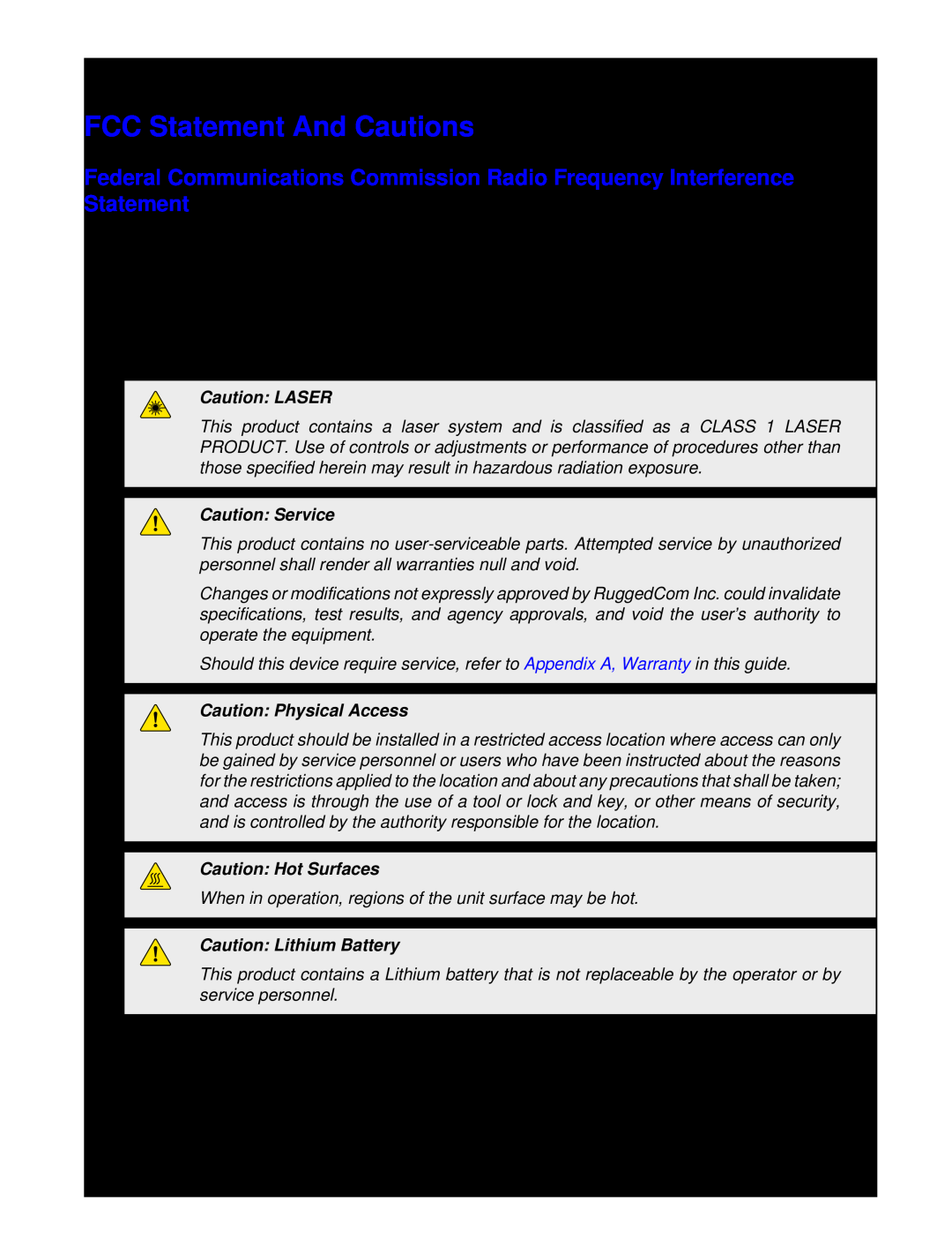 RuggedCom RS900GP manual FCC Statement And Cautions, Caution LASER, Caution Service, Caution Physical Access 