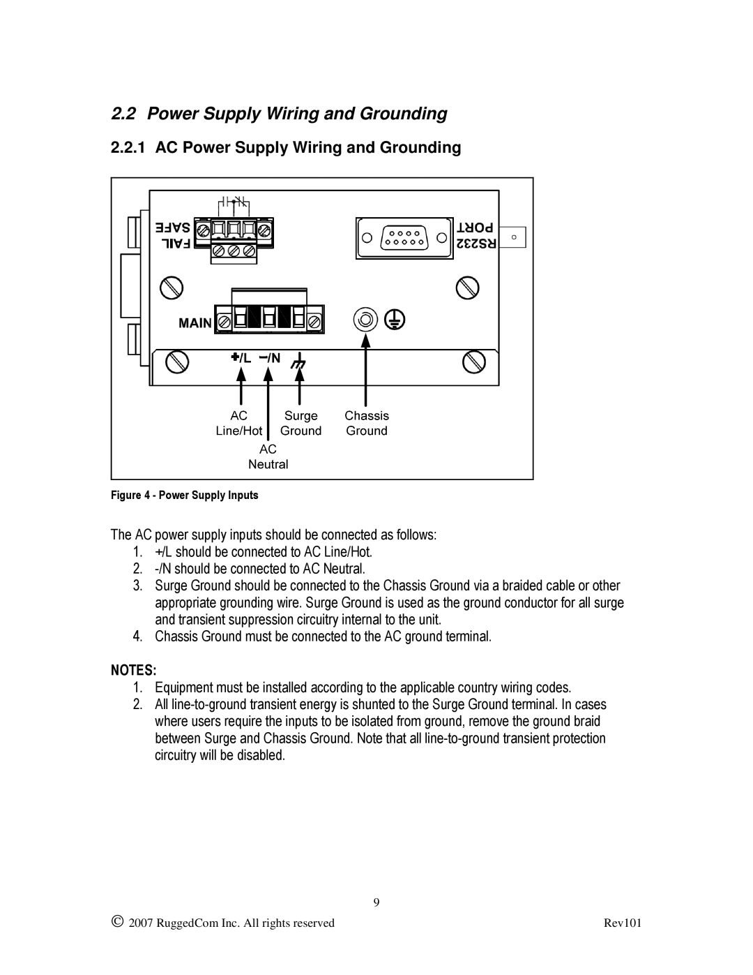 RuggedCom RS900L manual AC Power Supply Wiring and Grounding 