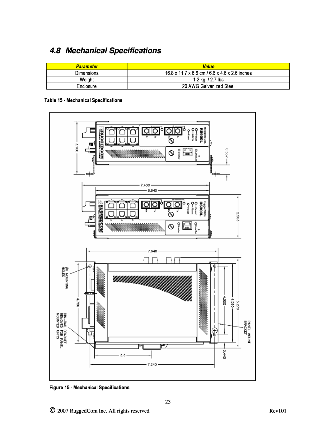 RuggedCom RS900L manual Mechanical Specifications, Parameter, Value,  2007 RuggedCom Inc. All rights reserved, Rev101 