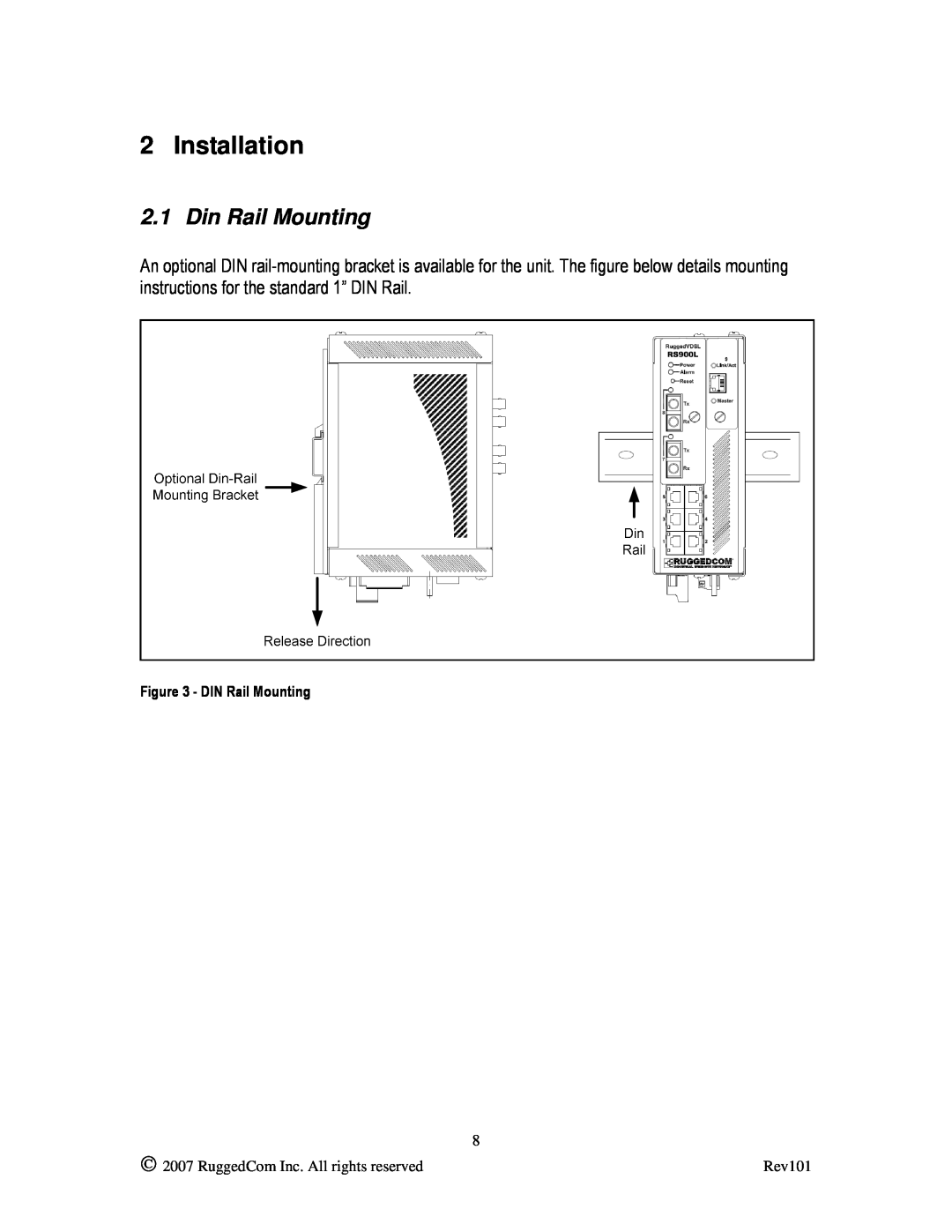 RuggedCom RS900L manual Installation, Din Rail Mounting,  2007 RuggedCom Inc. All rights reserved, Rev101 