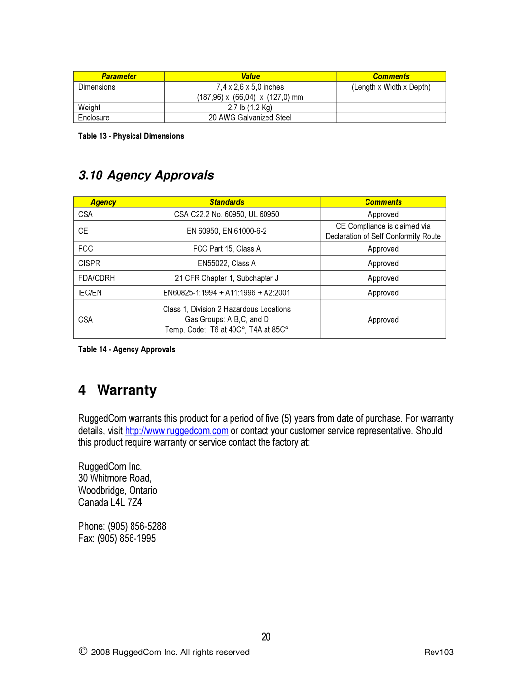 RuggedCom RS900W manual Warranty, Agency Approvals 