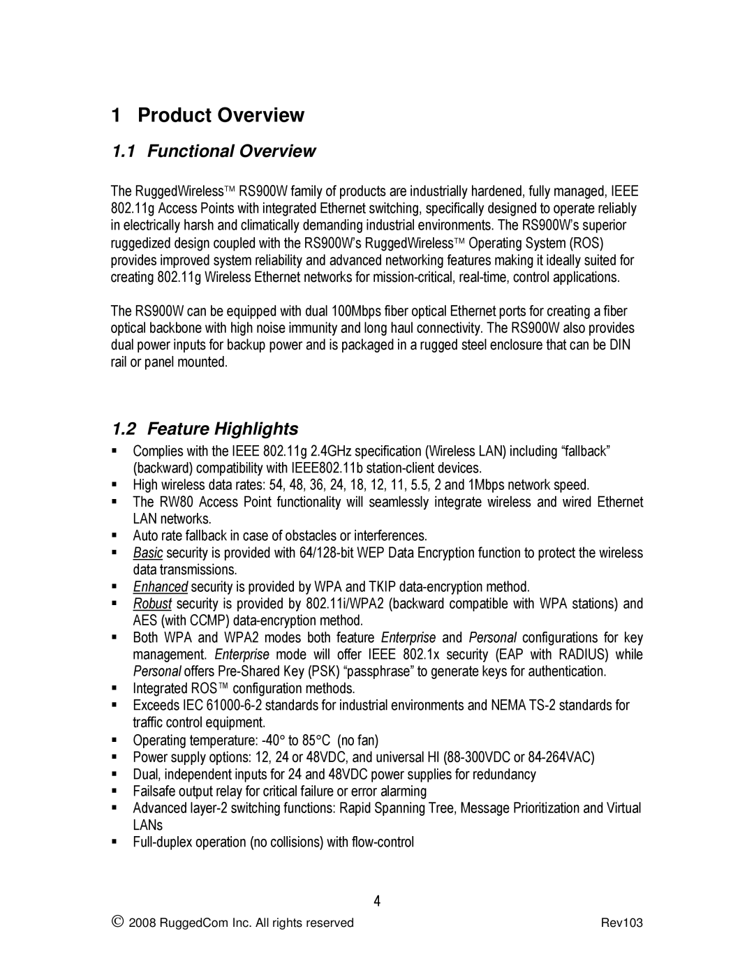 RuggedCom RS900W manual Product Overview, Functional Overview, Feature Highlights 